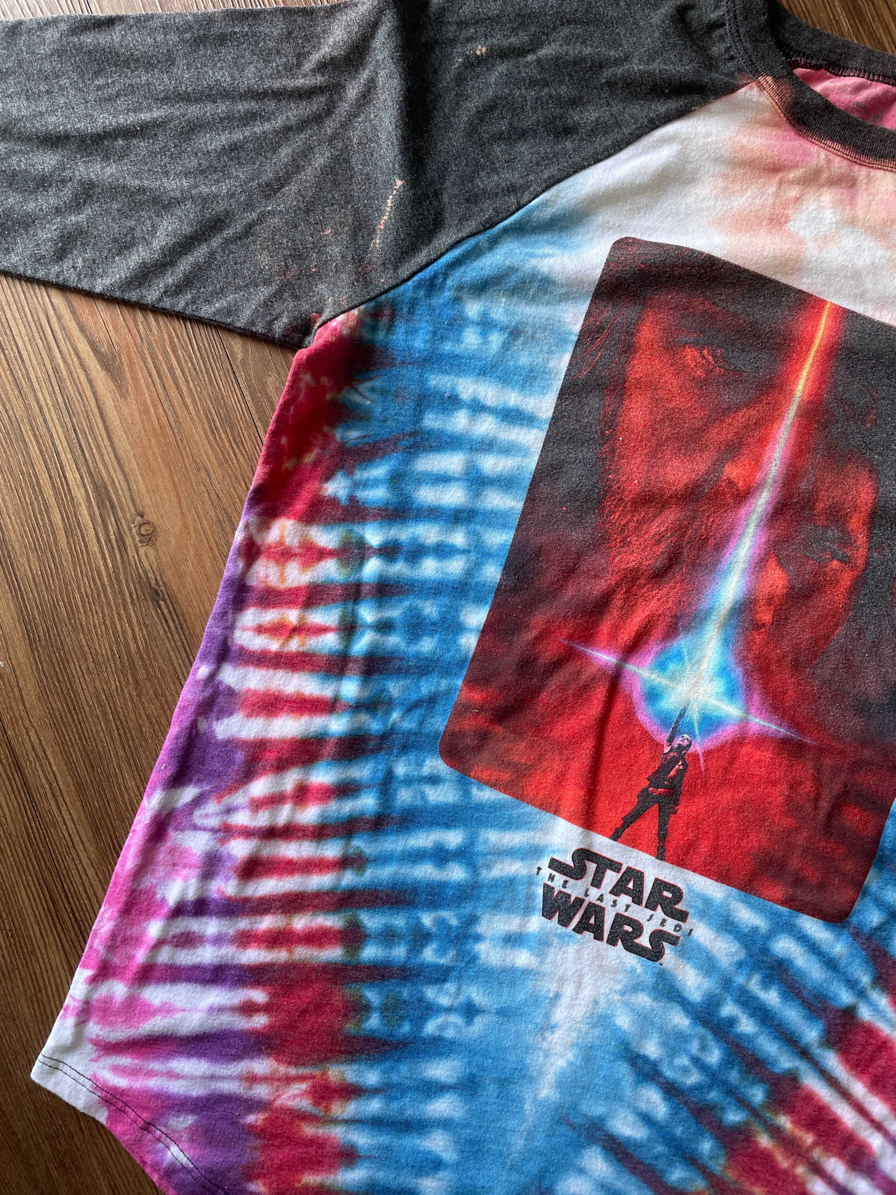 Small/Medium Women’s Star Wars The Last Jedi Handmade Tie Dye T-Shirt | Lucas Films Blue and Red Pleated Tie Dye Baseball 3/4 Sleeve