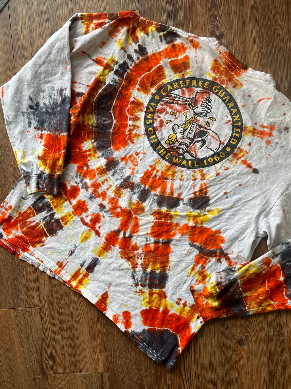 2XL Men’s Vans Skeleton Carefree Guaranteed Handmade Geode Tie Dye T-Shirt | Orange, Yellow, and Black Long Sleeve Tee