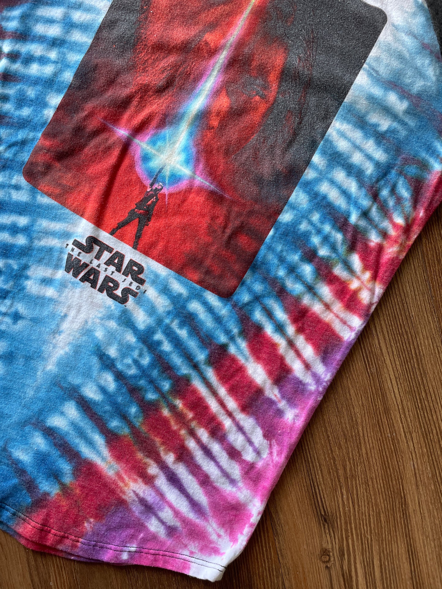 Small/Medium Women’s Star Wars The Last Jedi Handmade Tie Dye T-Shirt | Lucas Films Blue and Red Pleated Tie Dye Baseball 3/4 Sleeve