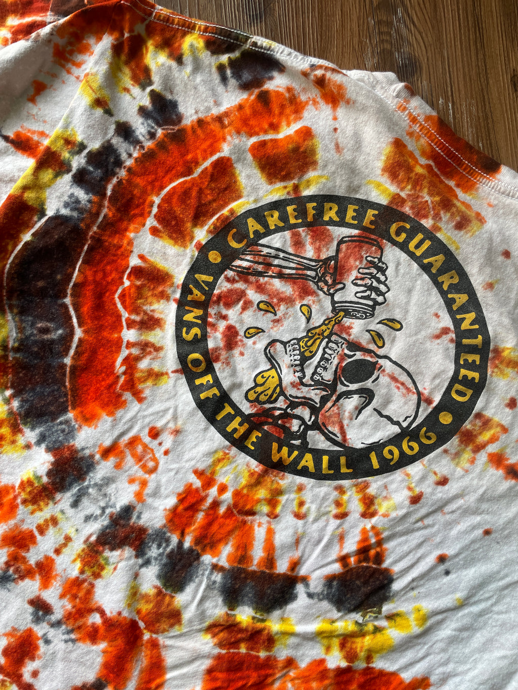 2XL Men’s Vans Skeleton Carefree Guaranteed Handmade Geode Tie Dye T-Shirt | Orange, Yellow, and Black Long Sleeve Tee