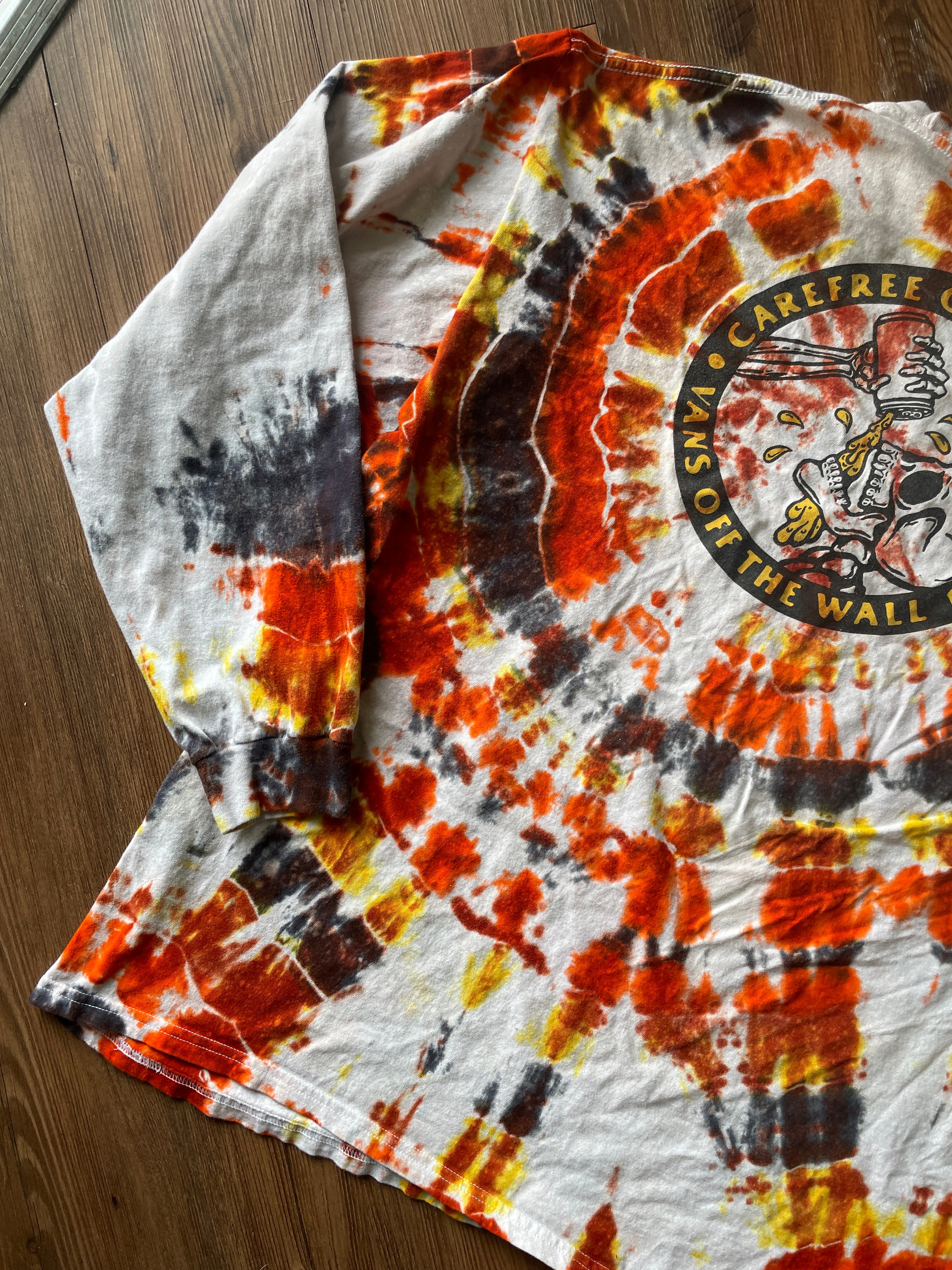 2XL Men’s Vans Skeleton Carefree Guaranteed Handmade Geode Tie Dye T-Shirt | Orange, Yellow, and Black Long Sleeve Tee