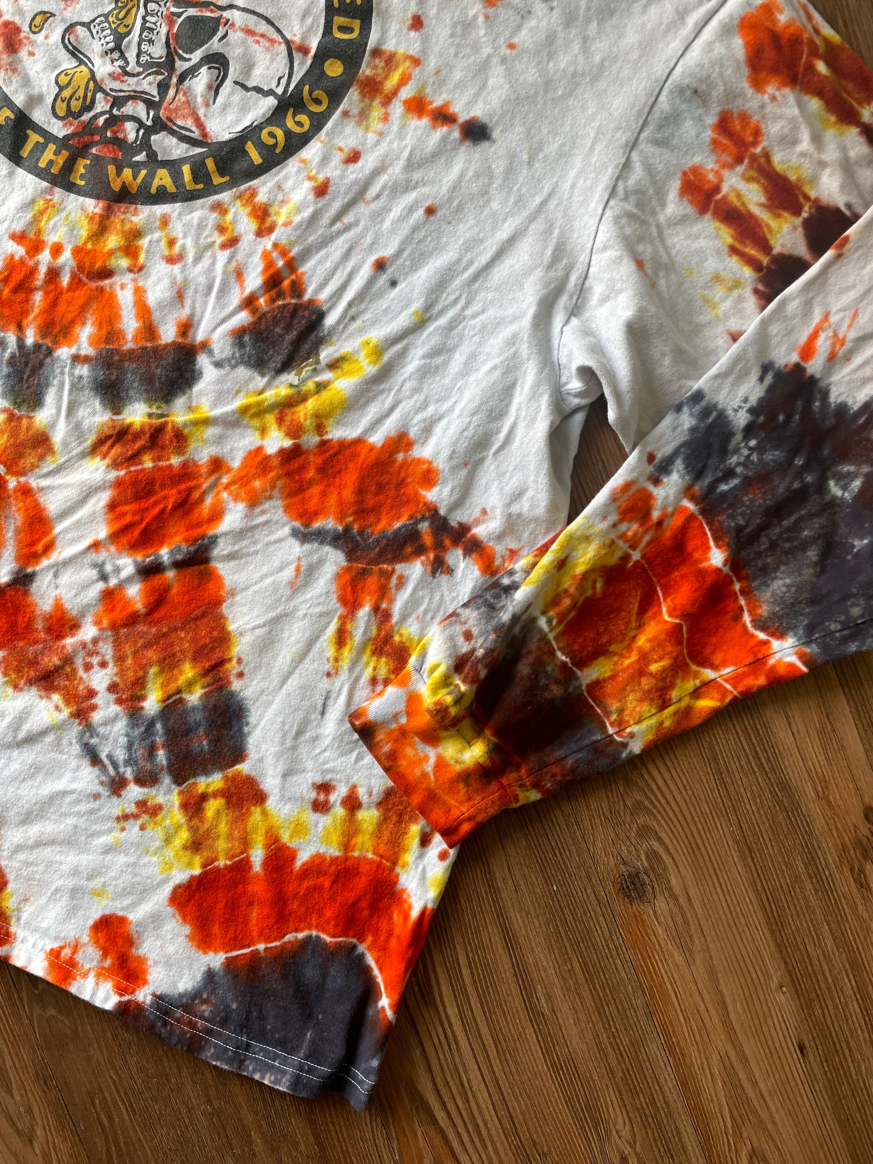 2XL Men’s Vans Skeleton Carefree Guaranteed Handmade Geode Tie Dye T-Shirt | Orange, Yellow, and Black Long Sleeve Tee