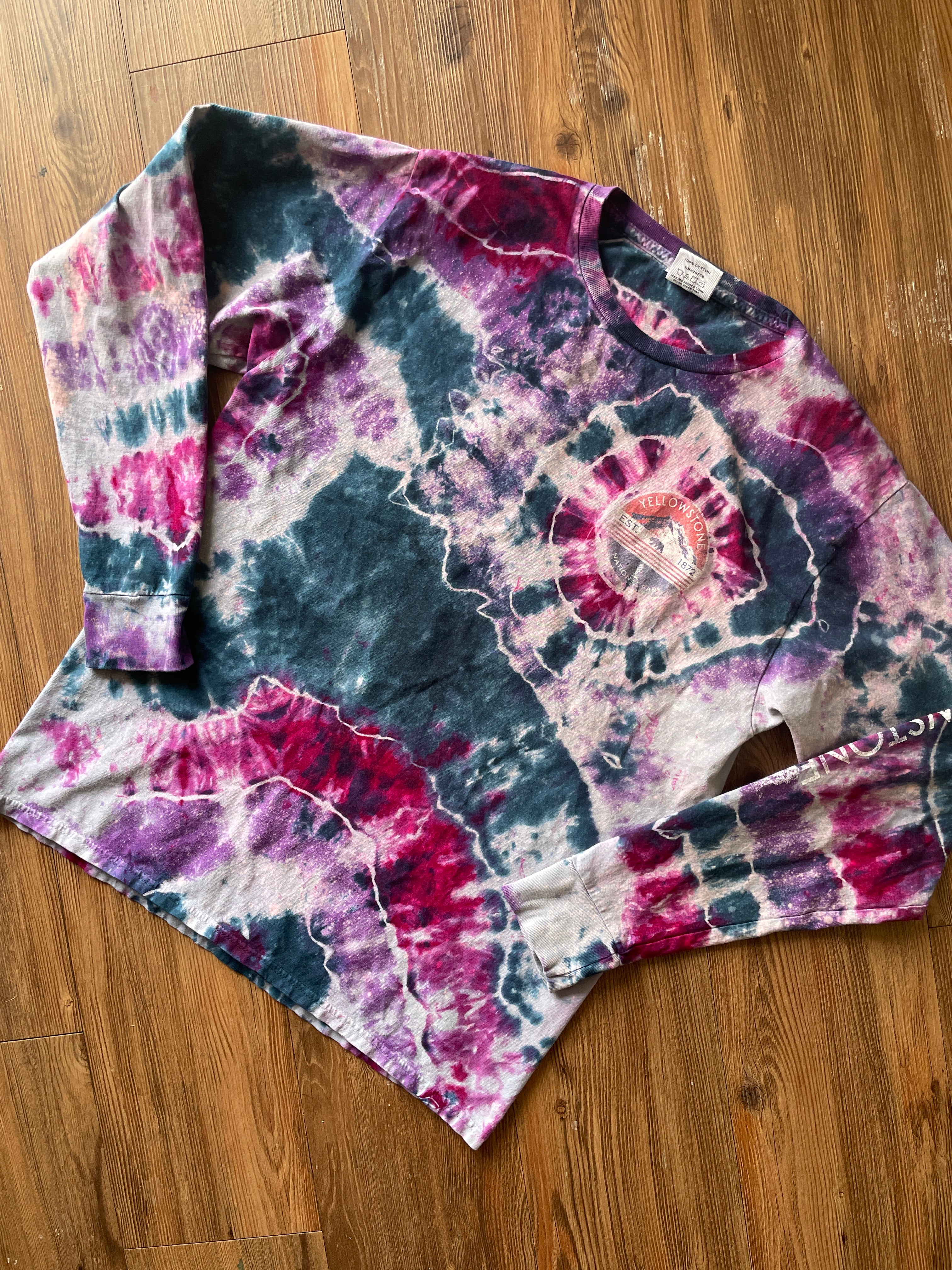 MEDIUM Men’s Yellowstone National Park Handmade Galaxy Geode Tie Dye T-Shirt | Blue, Purple, and Pink Long Sleeve Tee