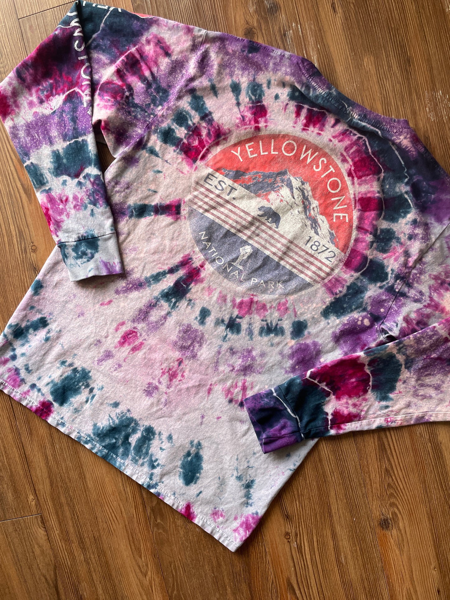MEDIUM Men’s Yellowstone National Park Handmade Galaxy Geode Tie Dye T-Shirt | Blue, Purple, and Pink Long Sleeve Tee