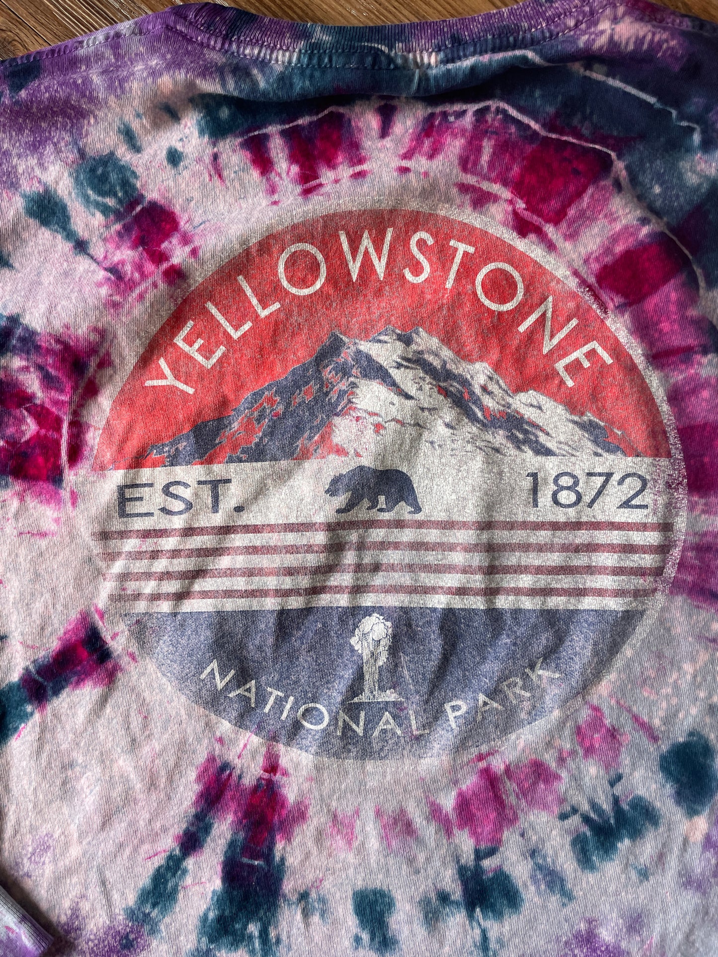 MEDIUM Men’s Yellowstone National Park Handmade Galaxy Geode Tie Dye T-Shirt | Blue, Purple, and Pink Long Sleeve Tee