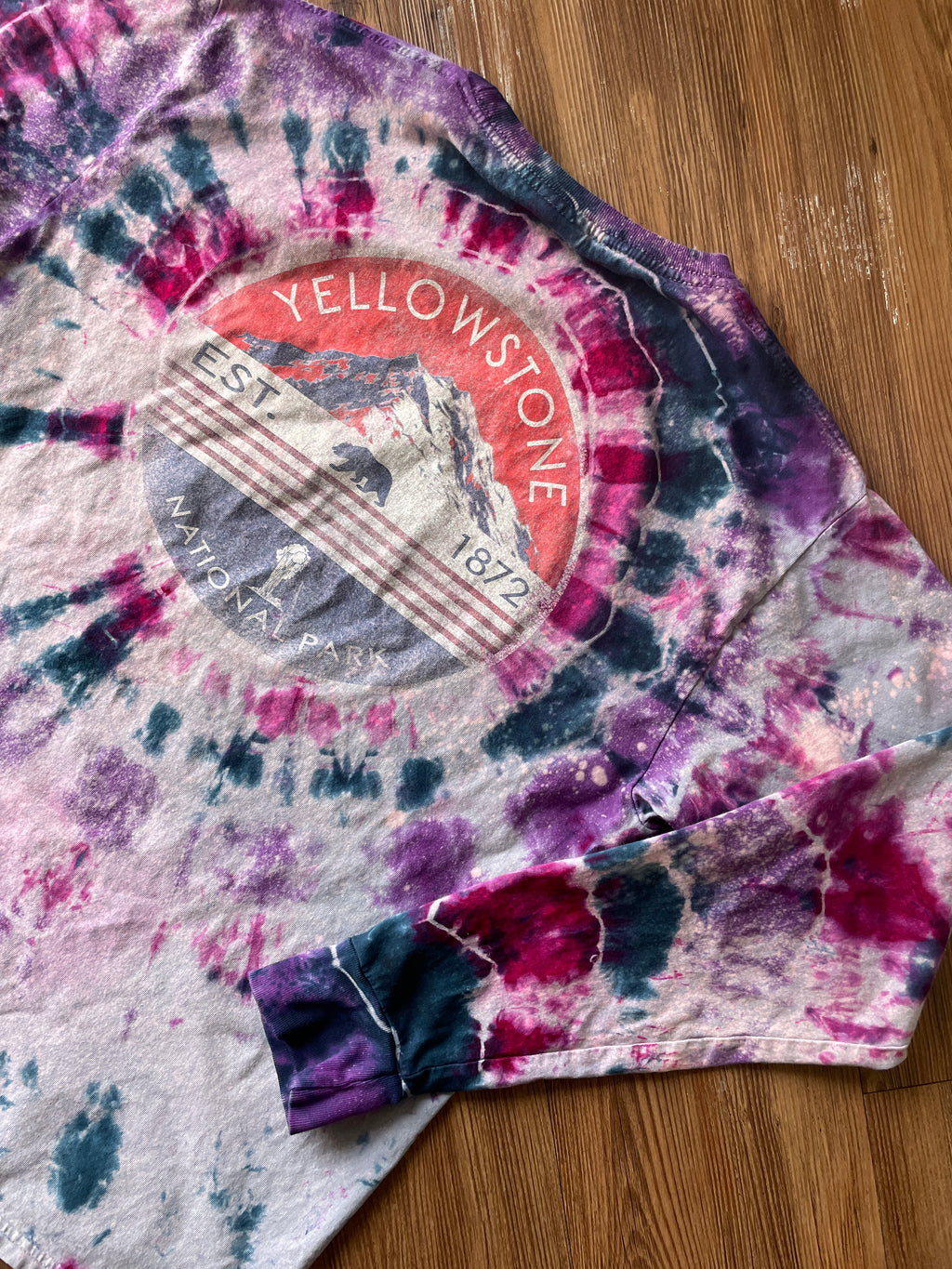 MEDIUM Men’s Yellowstone National Park Handmade Galaxy Geode Tie Dye T-Shirt | Blue, Purple, and Pink Long Sleeve Tee