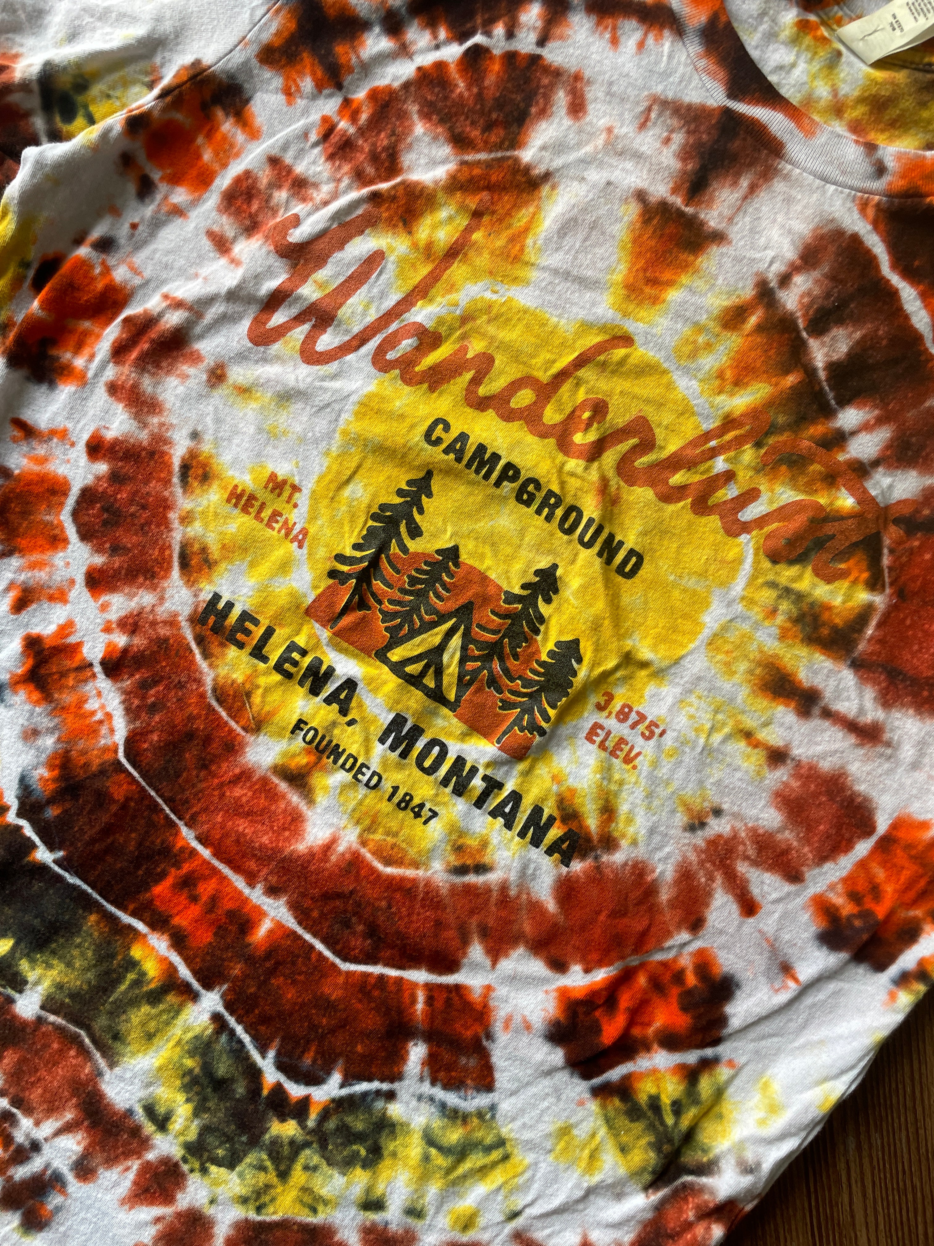 MEDIUM Men’s Wanderlust Campground Montana Handmade Geode Tie Dye T-Shirt | Red, Orange, and Black  Short Sleeve Tee