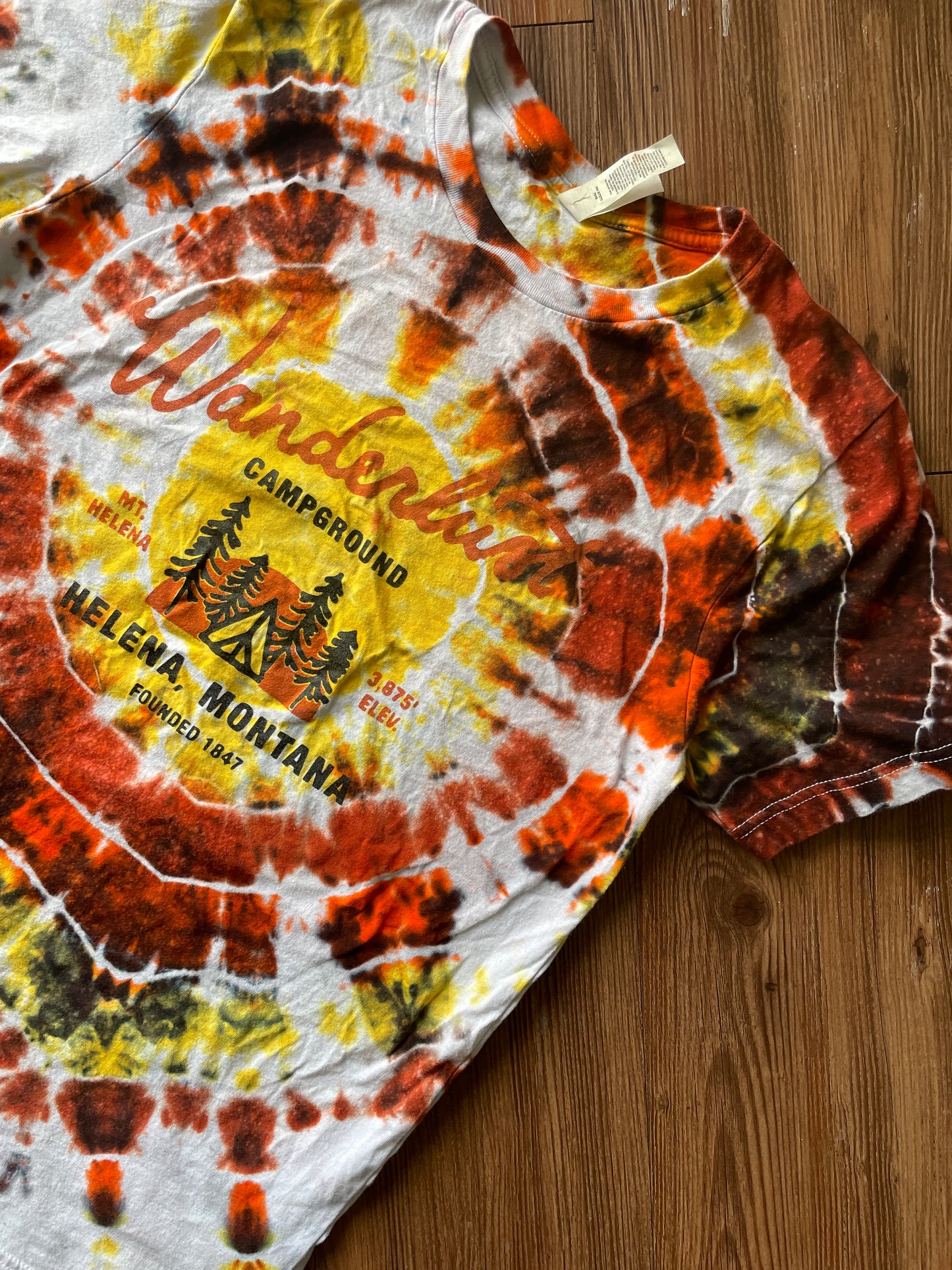 MEDIUM Men’s Wanderlust Campground Montana Handmade Geode Tie Dye T-Shirt | Red, Orange, and Black  Short Sleeve Tee