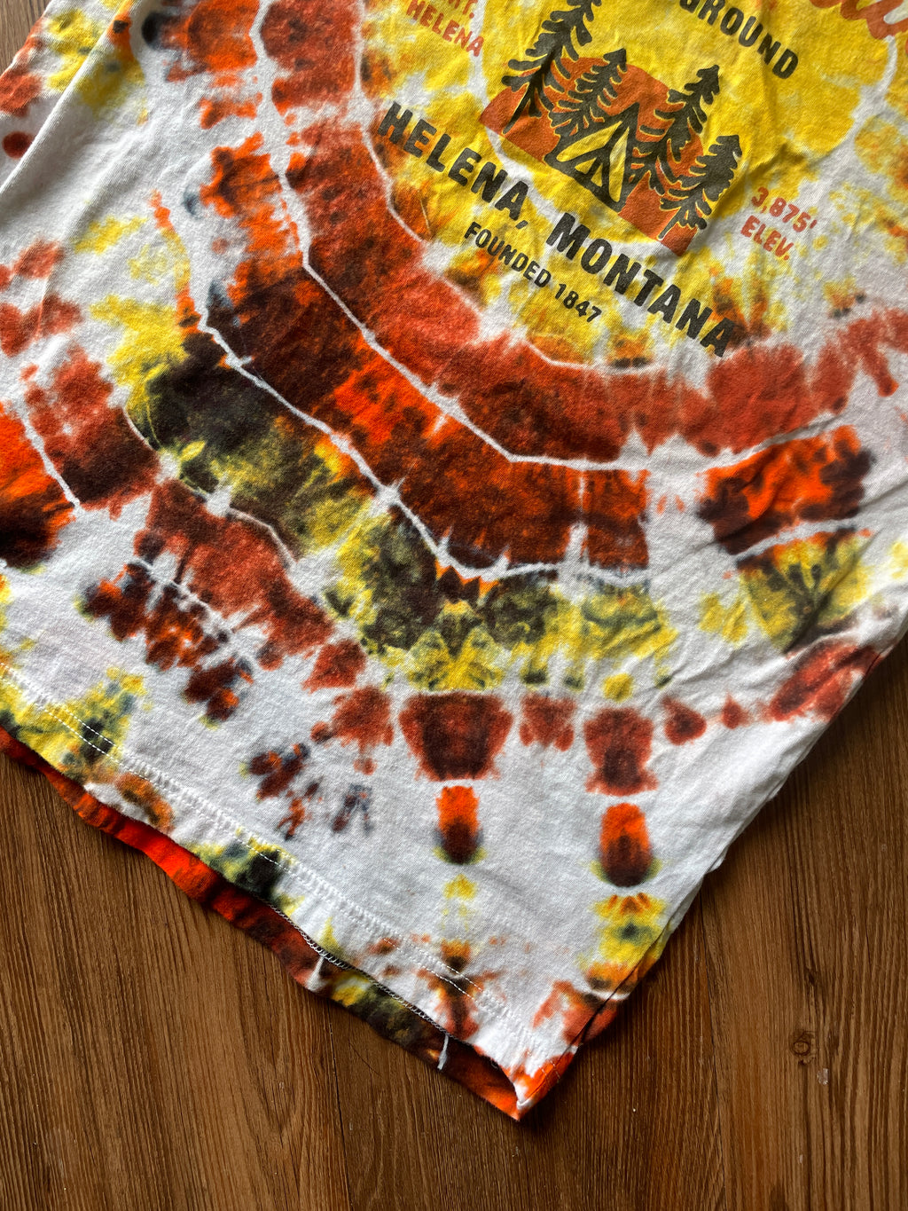 MEDIUM Men’s Wanderlust Campground Montana Handmade Geode Tie Dye T-Shirt | Red, Orange, and Black  Short Sleeve Tee