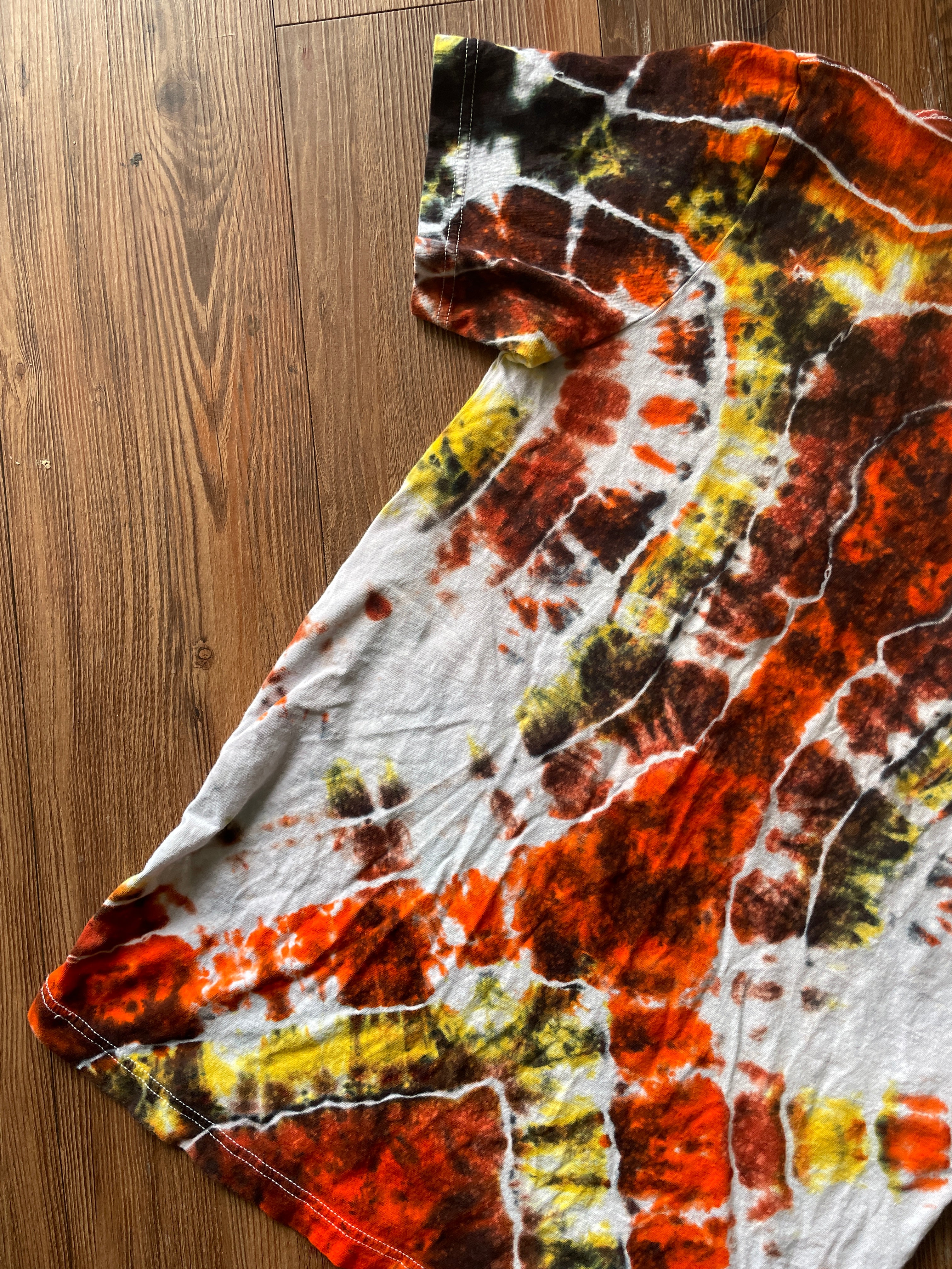 MEDIUM Men’s Wanderlust Campground Montana Handmade Geode Tie Dye T-Shirt | Red, Orange, and Black  Short Sleeve Tee