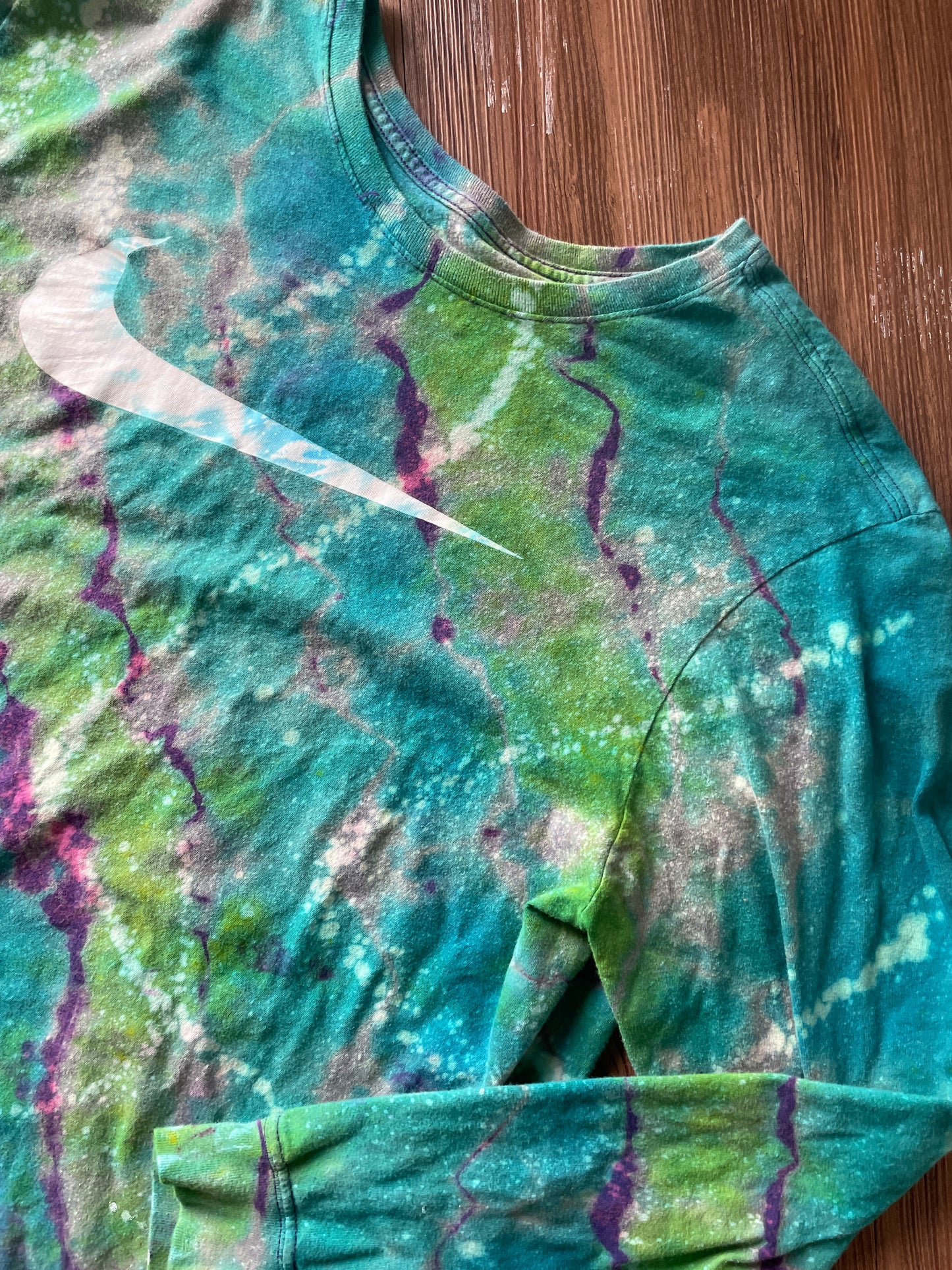 XL Men’s Nike Swoosh Handmade Geode Tie Dye T-Shirt | Green, Teal, and Purple Long Sleeve Tee