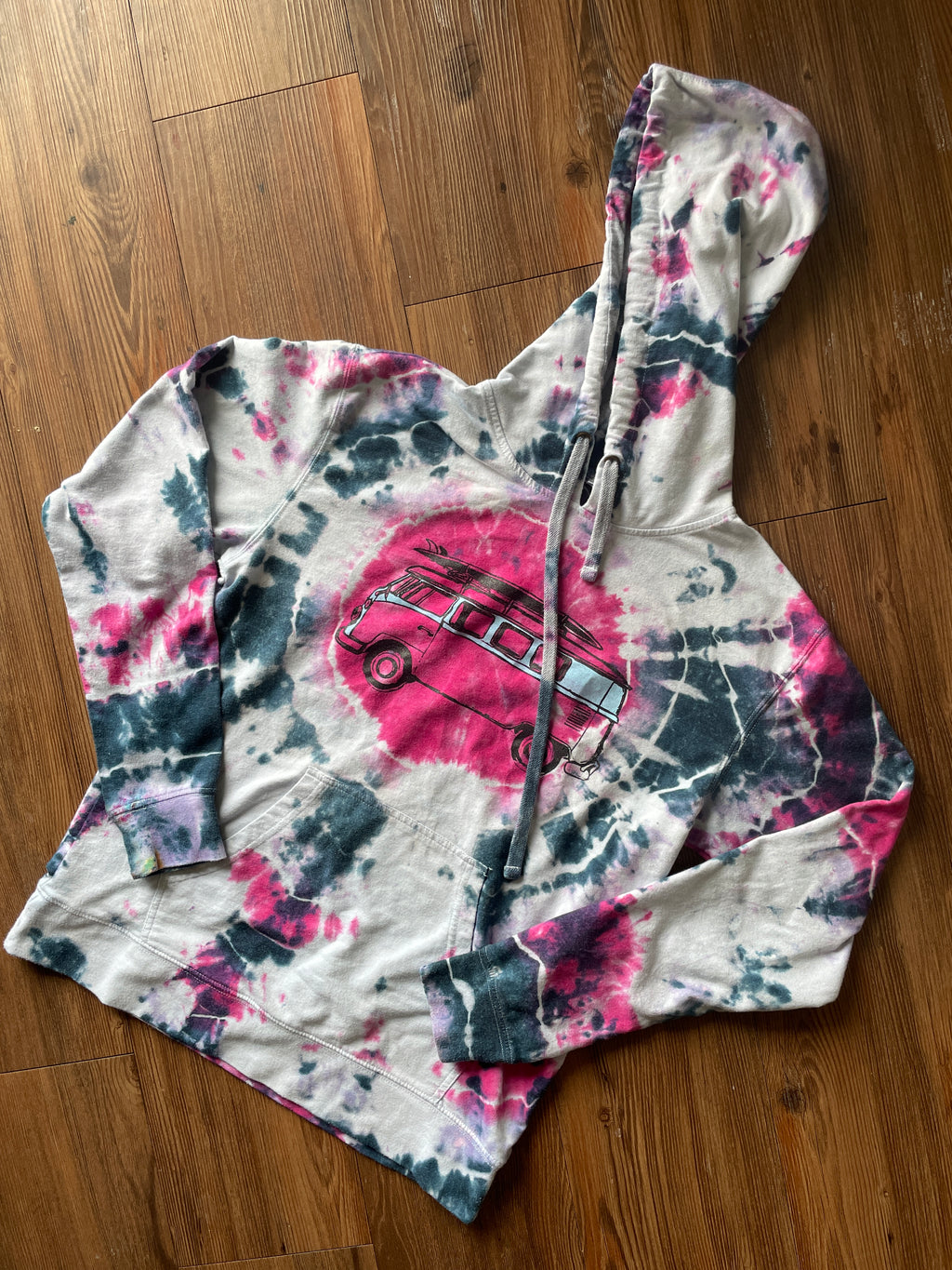SMALL Men's VW Bus Surfboard Handmade Tie Dye Geode T-Shirt | Pink, Purple, and Black Long Sleeve Hooded Tee