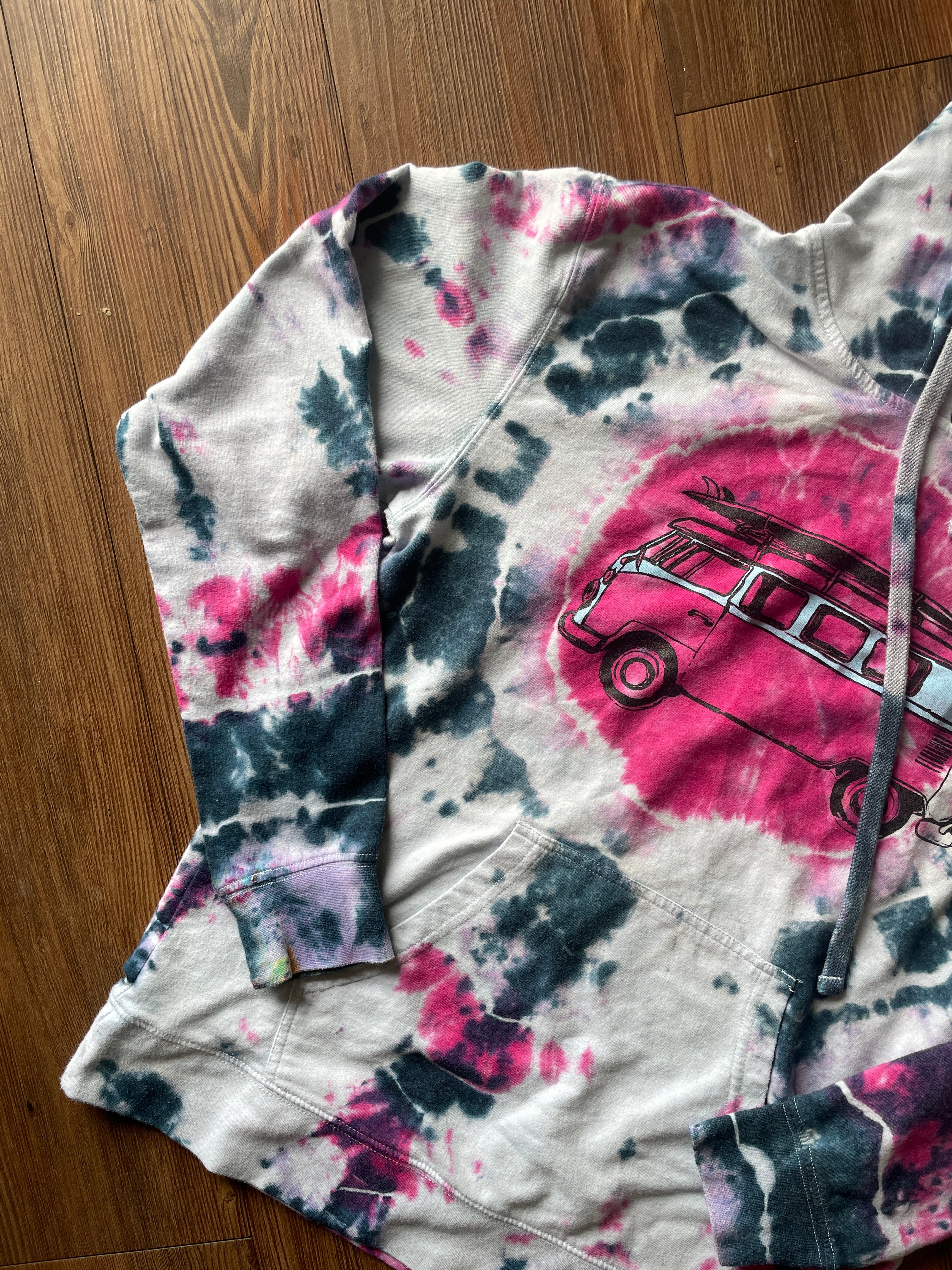 SMALL Men's VW Bus Surfboard Handmade Tie Dye Geode T-Shirt | Pink, Purple, and Black Long Sleeve Hooded Tee