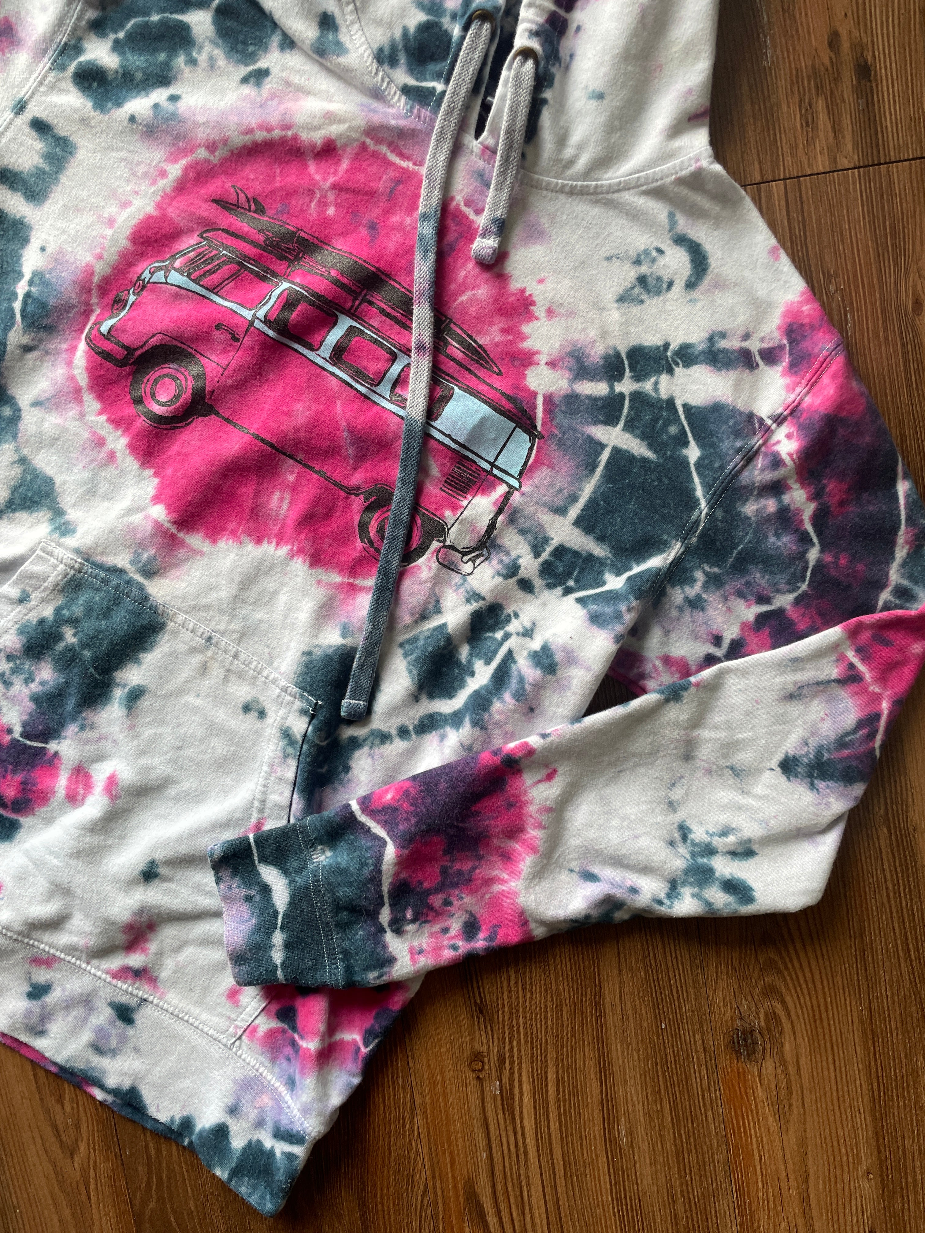 SMALL Men's VW Bus Surfboard Handmade Tie Dye Geode T-Shirt | Pink, Purple, and Black Long Sleeve Hooded Tee