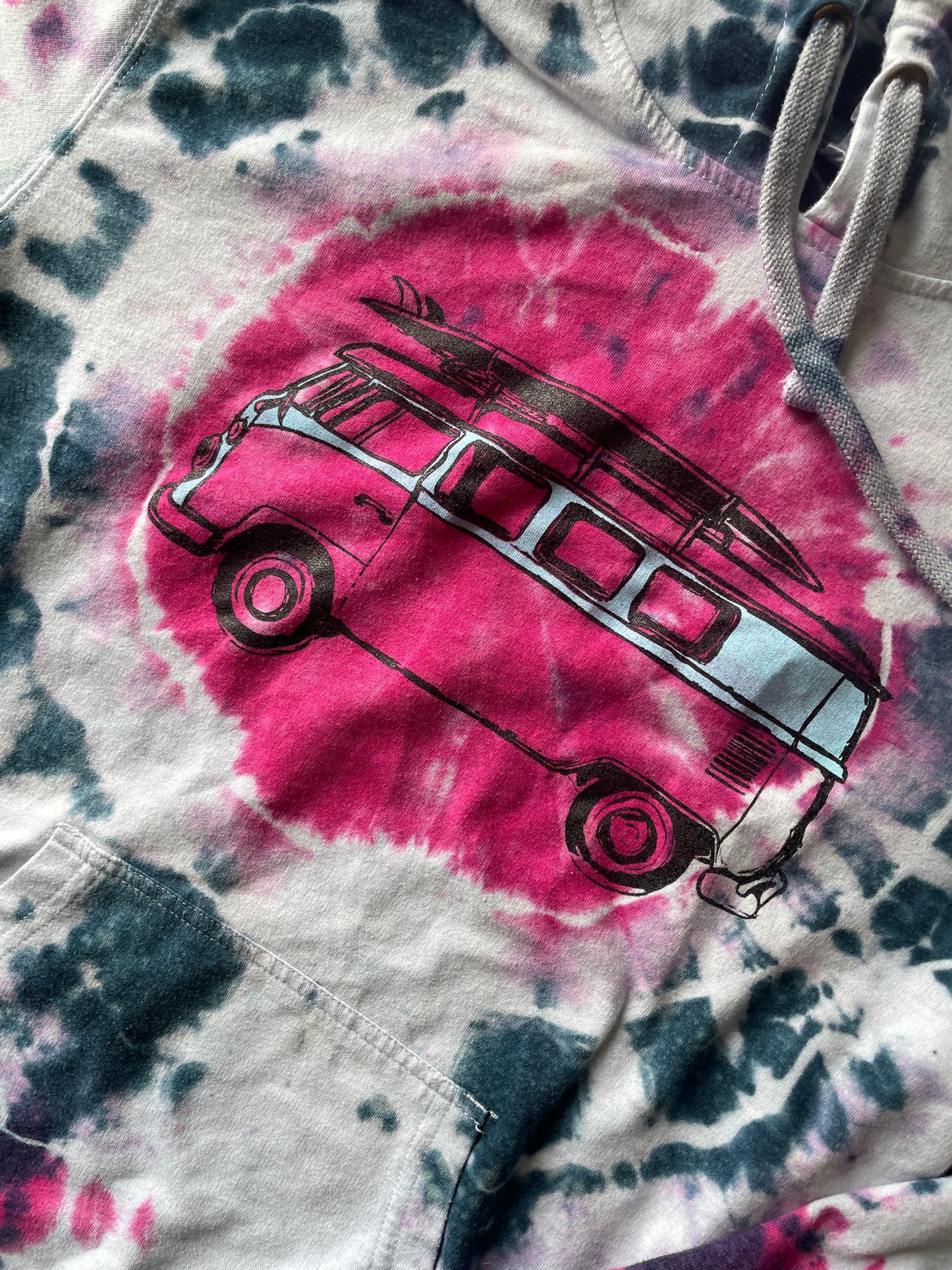 SMALL Men's VW Bus Surfboard Handmade Tie Dye Geode T-Shirt | Pink, Purple, and Black Long Sleeve Hooded Tee