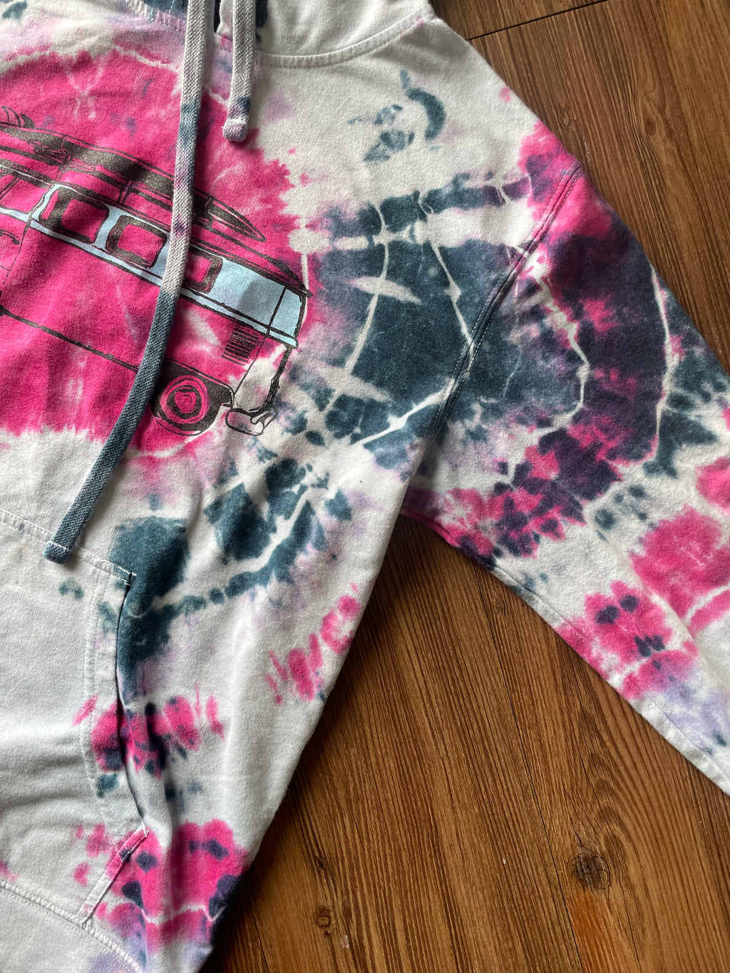 SMALL Men's VW Bus Surfboard Handmade Tie Dye Geode T-Shirt | Pink, Purple, and Black Long Sleeve Hooded Tee