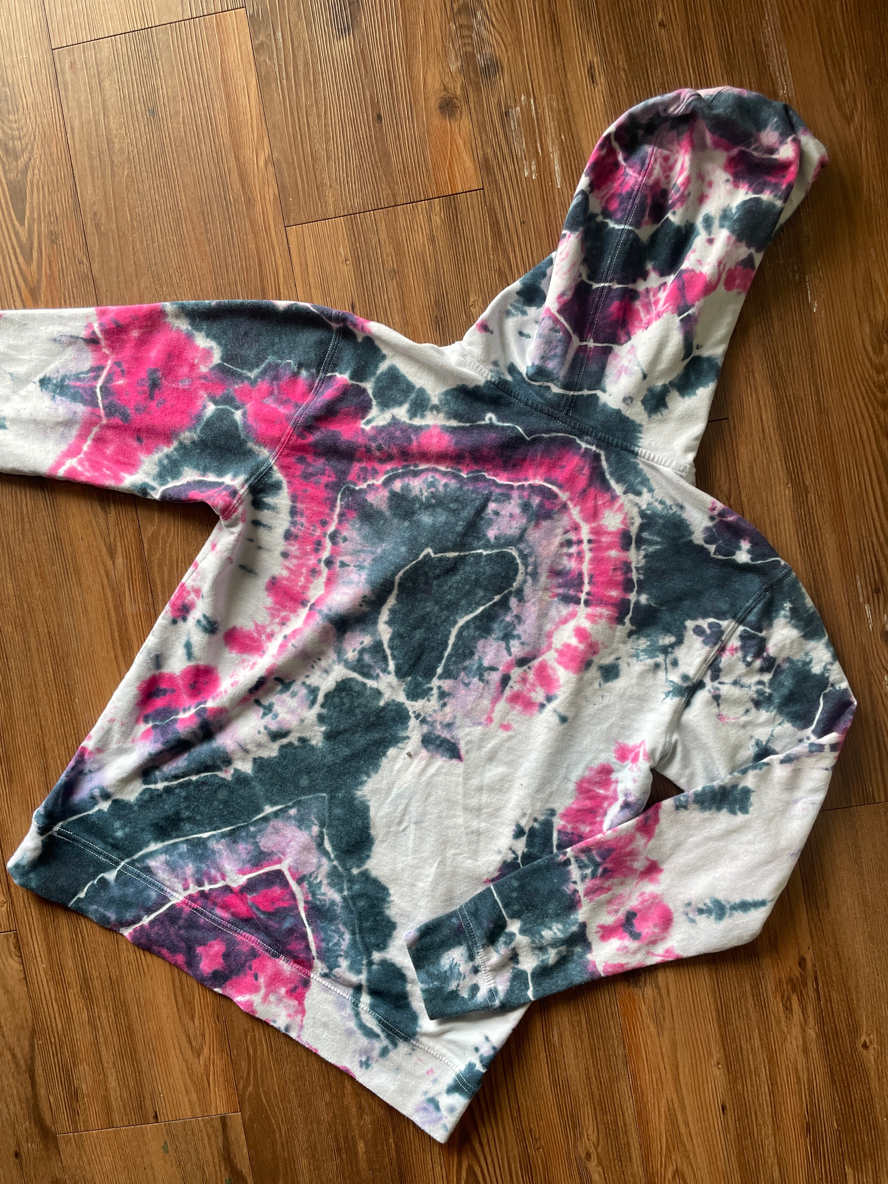 SMALL Men's VW Bus Surfboard Handmade Tie Dye Geode T-Shirt | Pink, Purple, and Black Long Sleeve Hooded Tee