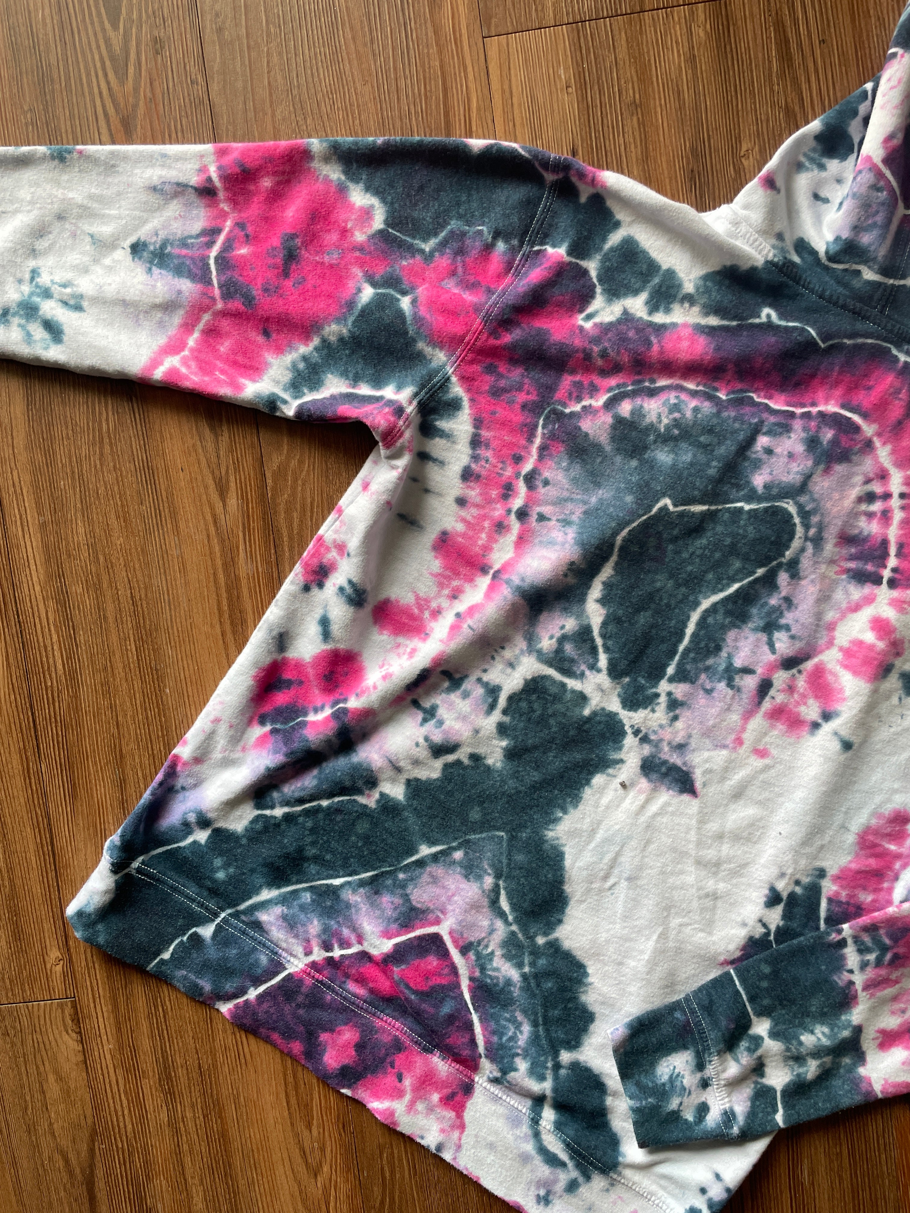 SMALL Men's VW Bus Surfboard Handmade Tie Dye Geode T-Shirt | Pink, Purple, and Black Long Sleeve Hooded Tee