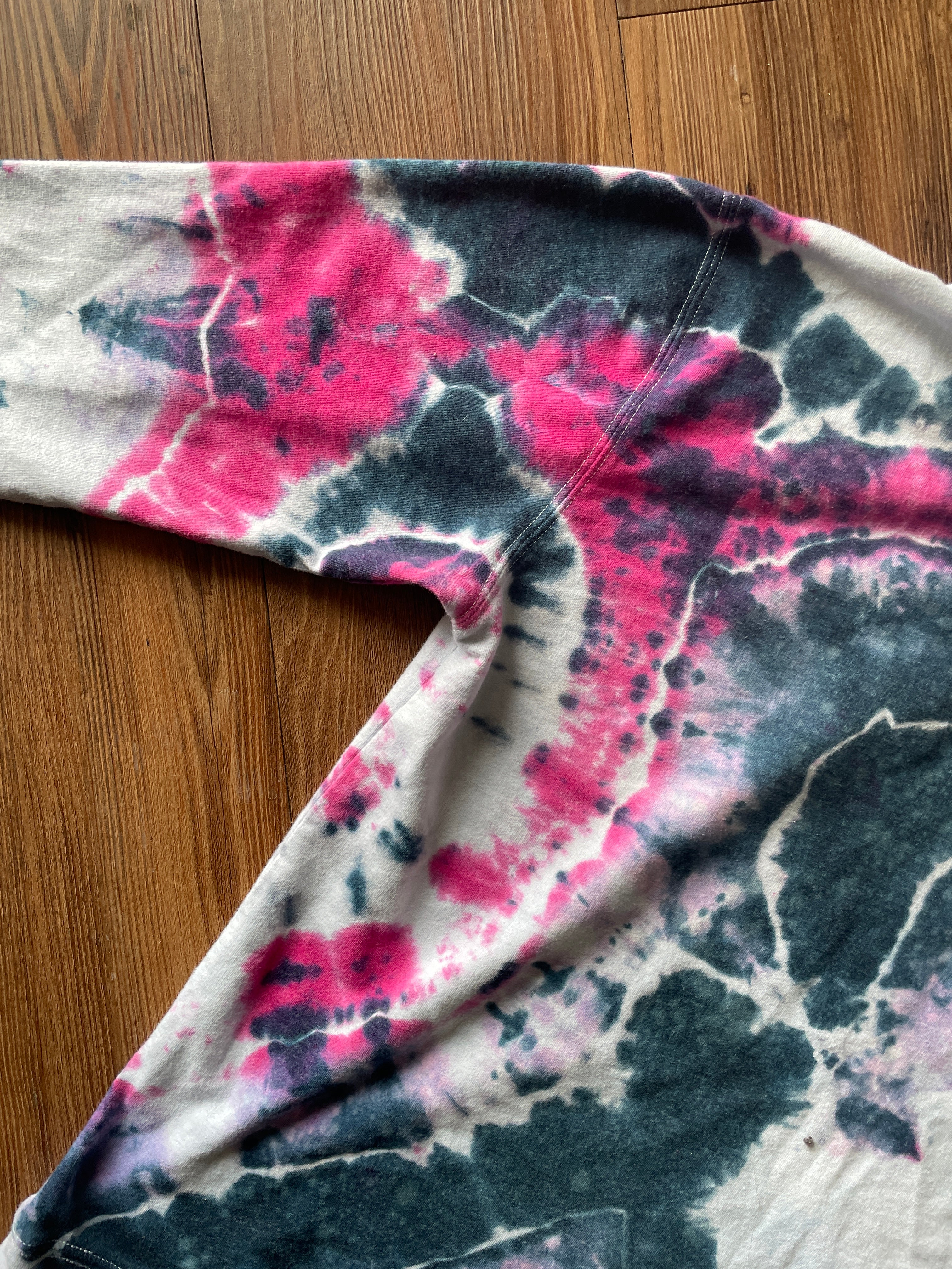 SMALL Men's VW Bus Surfboard Handmade Tie Dye Geode T-Shirt | Pink, Purple, and Black Long Sleeve Hooded Tee