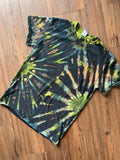 Small Men’s Kaya Climbing Handmade Reverse Tie Dye T-Shirt | Black and Green Pleated Tie Dye Short Sleeve