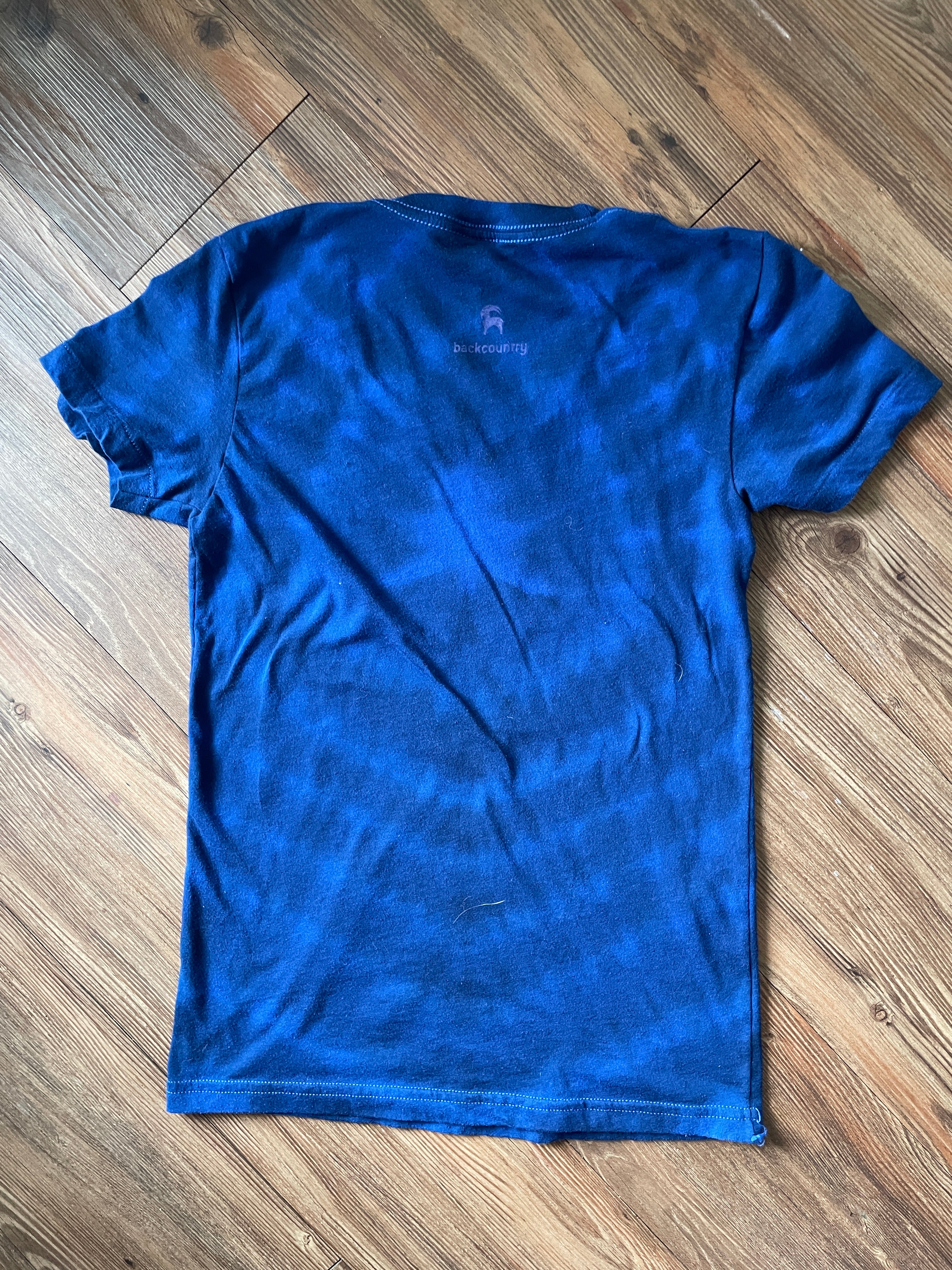 SMALL Women's Backcountry Logo Handmade Tie Dye T-Shirt | One-Of-a-Kind Black and Blue Short SleeveTop