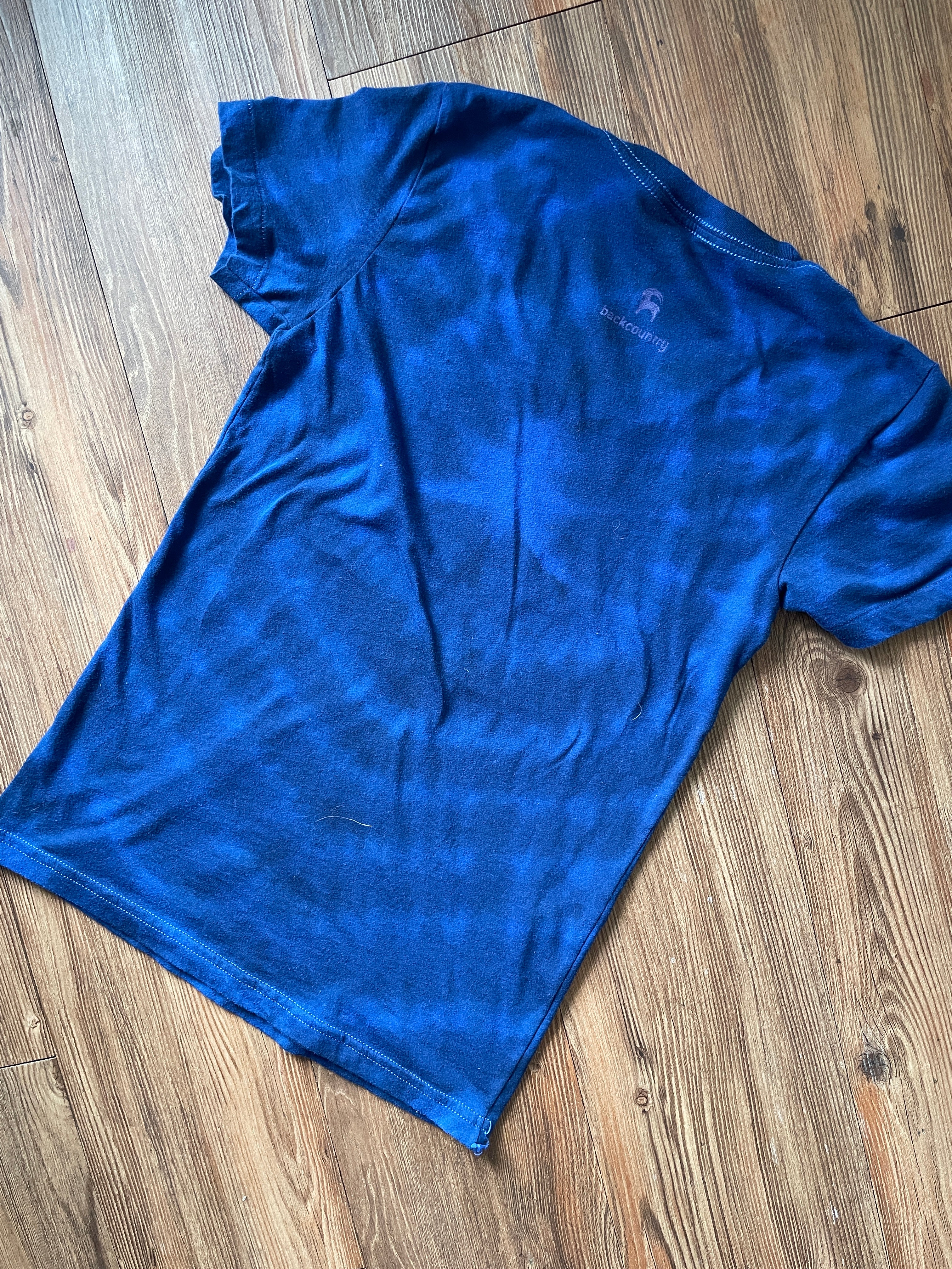 SMALL Women's Backcountry Logo Handmade Tie Dye T-Shirt | One-Of-a-Kind Black and Blue Short SleeveTop