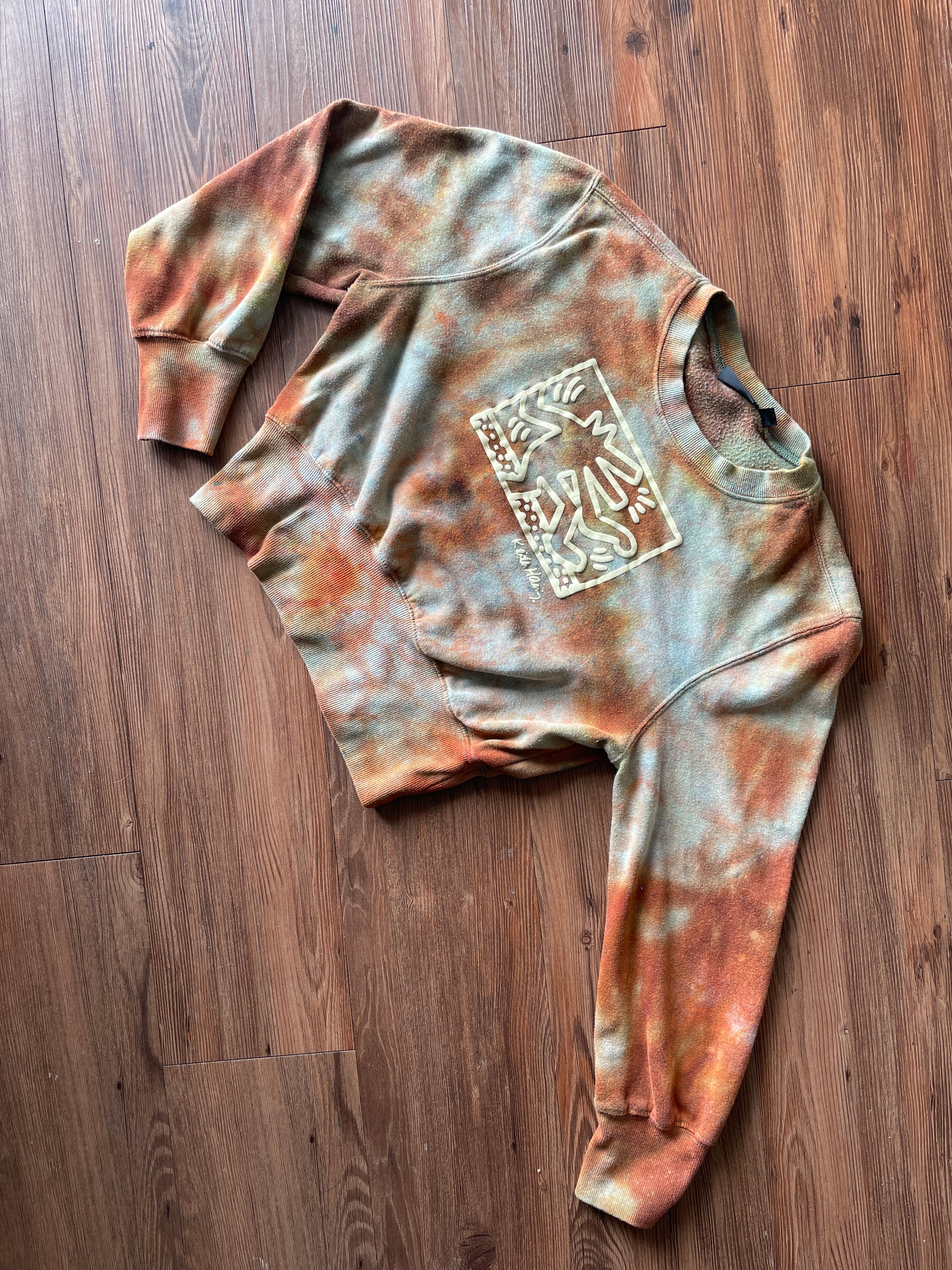 Small Women's Keith Haring Handmade Reverse Tie Dye Cropped Sweatshirt | Tan and Orange Crumpled Tie Dye Long Sleeve
