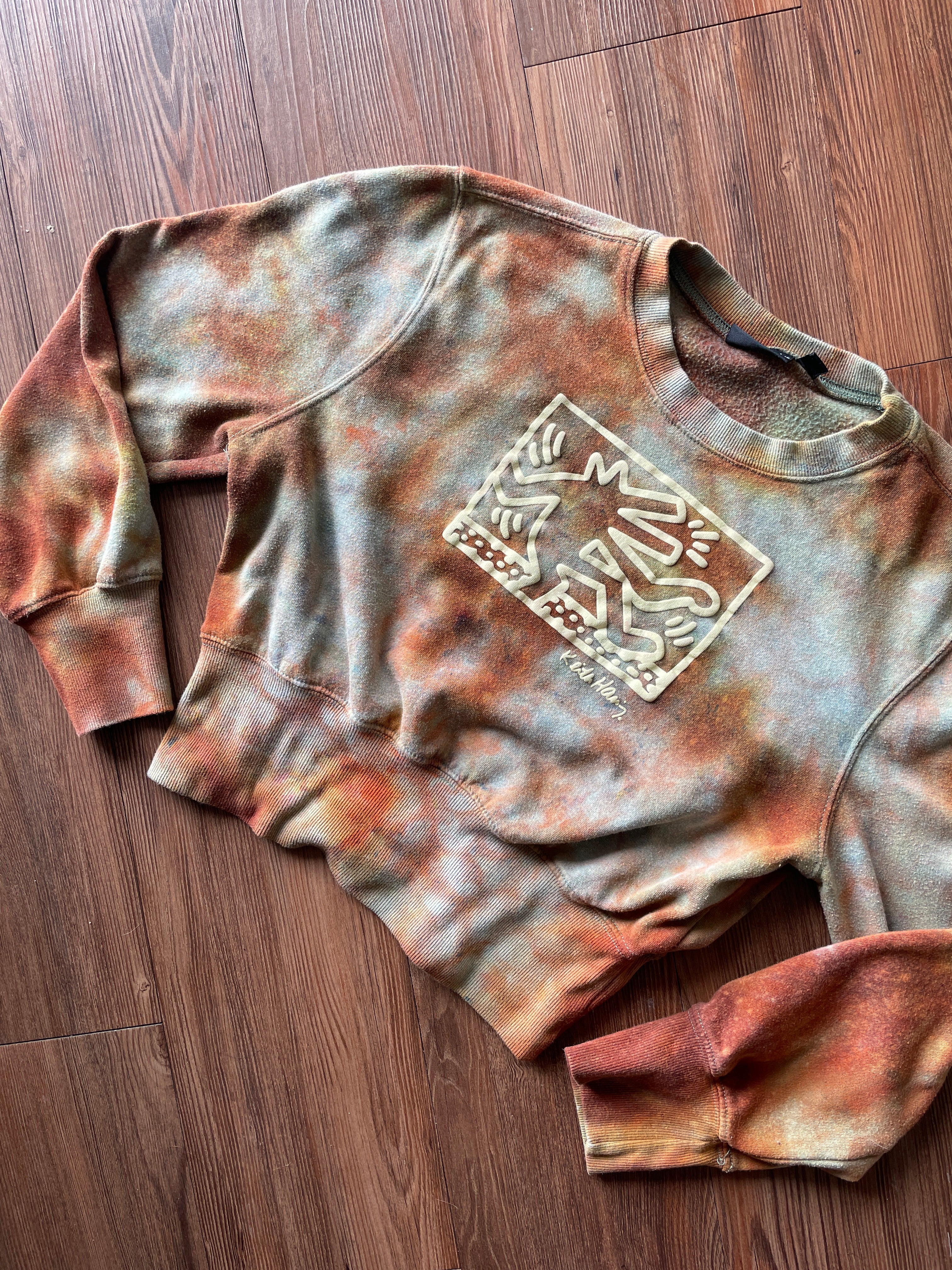 Small Women's Keith Haring Handmade Reverse Tie Dye Cropped Sweatshirt | Tan and Orange Crumpled Tie Dye Long Sleeve