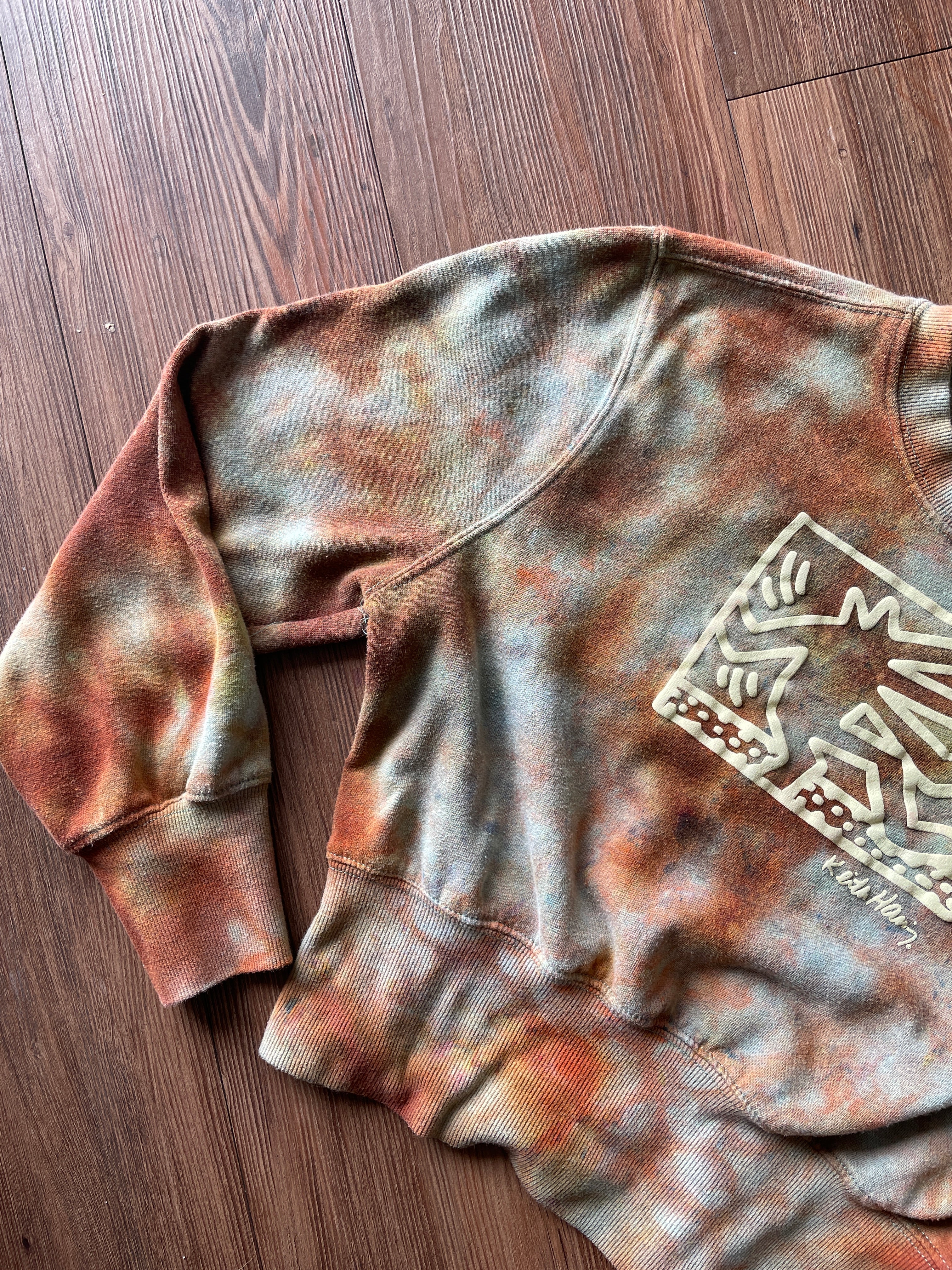 Small Women's Keith Haring Handmade Reverse Tie Dye Cropped Sweatshirt | Tan and Orange Crumpled Tie Dye Long Sleeve