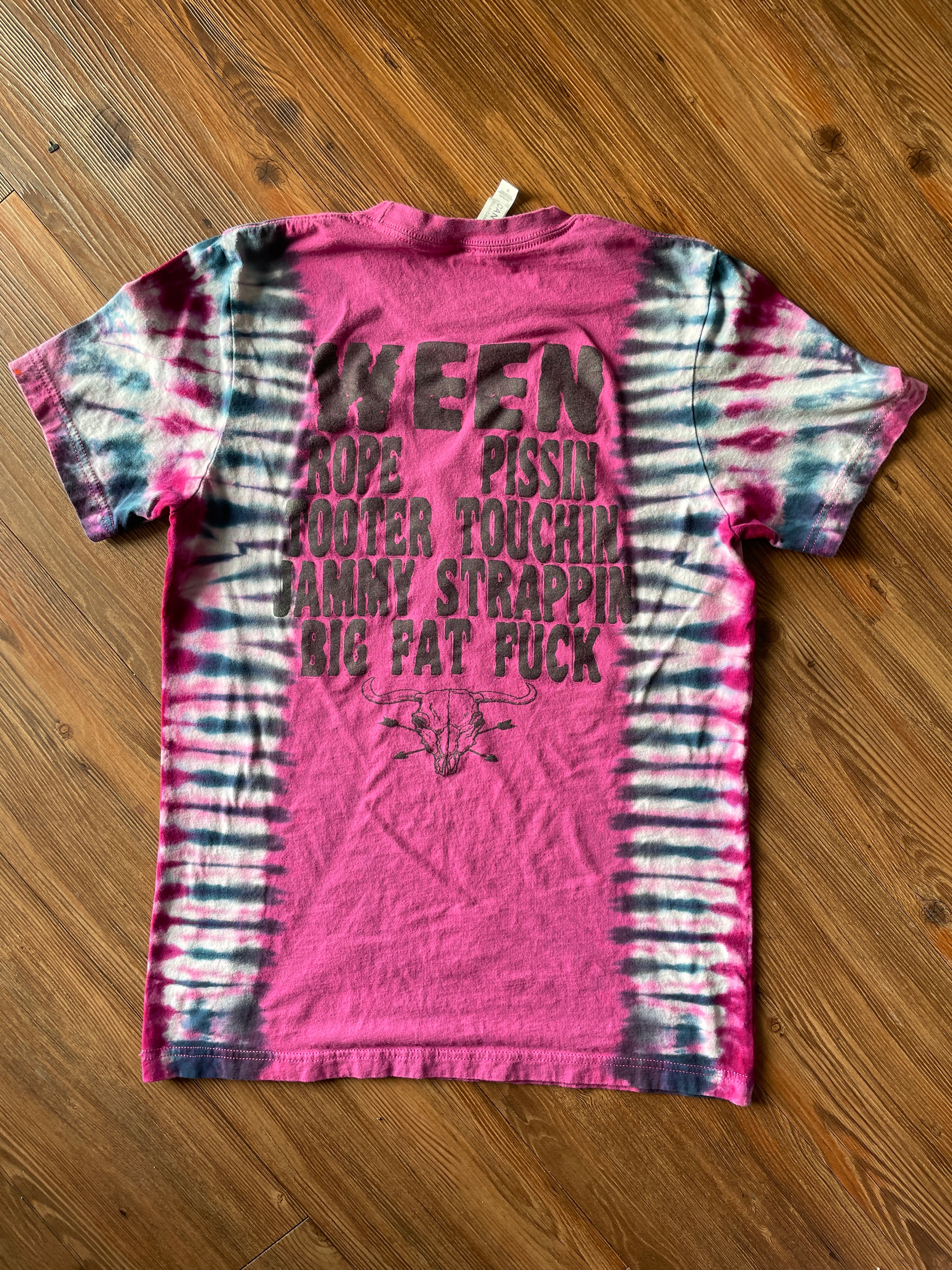 Medium Men’s WEEN Handmade Reverse Tie Dye T-Shirt | Pink and Black Pleated Tie Dye Short Sleeve