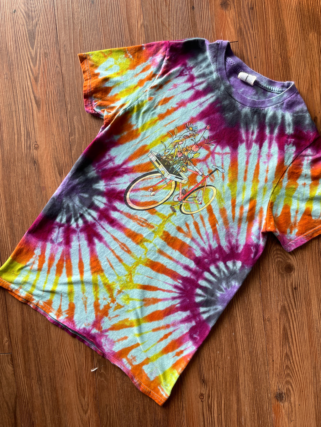 Small Women’s Floral Bicycle Handmade Reverse Tie Dye T-Shirt | Blue, Pink, and Orange Pleated Tie Dye Short Sleeve