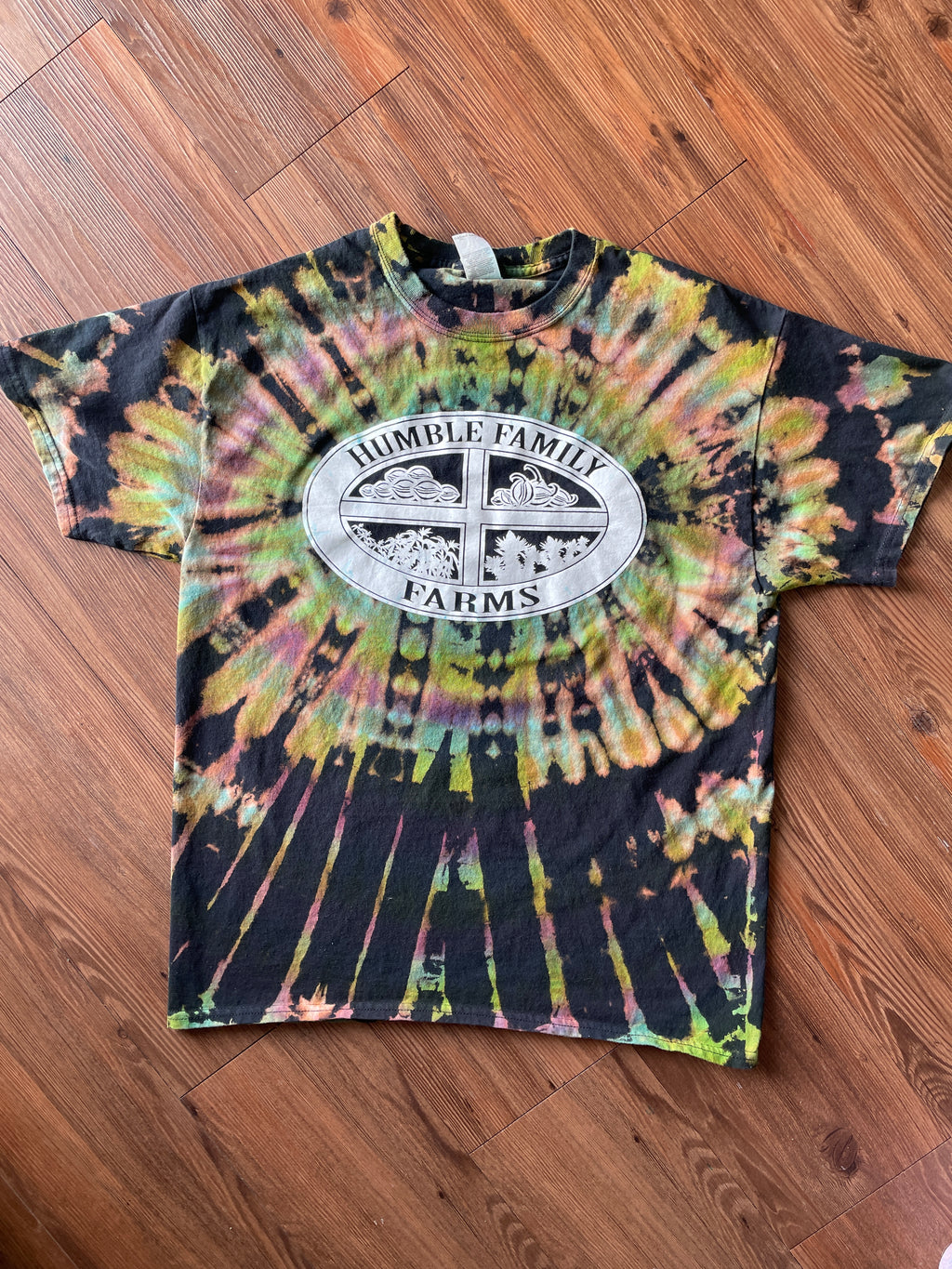 Large Men’s Humble Family Farms Handmade Reverse Tie Dye T-Shirt | Black, Green, and Purple Tie Dye Short Sleeve
