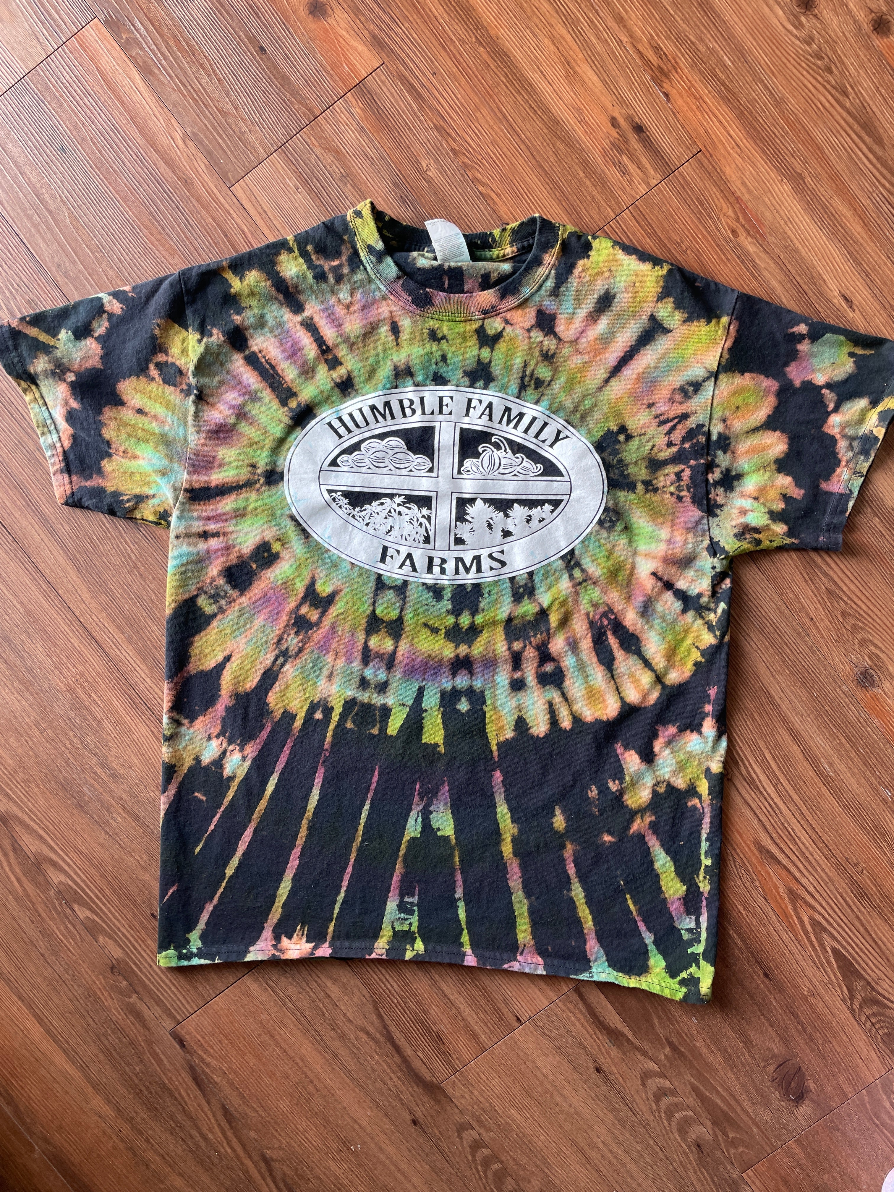 Large Men’s Humble Family Farms Handmade Reverse Tie Dye T-Shirt | Black, Green, and Purple Tie Dye Short Sleeve