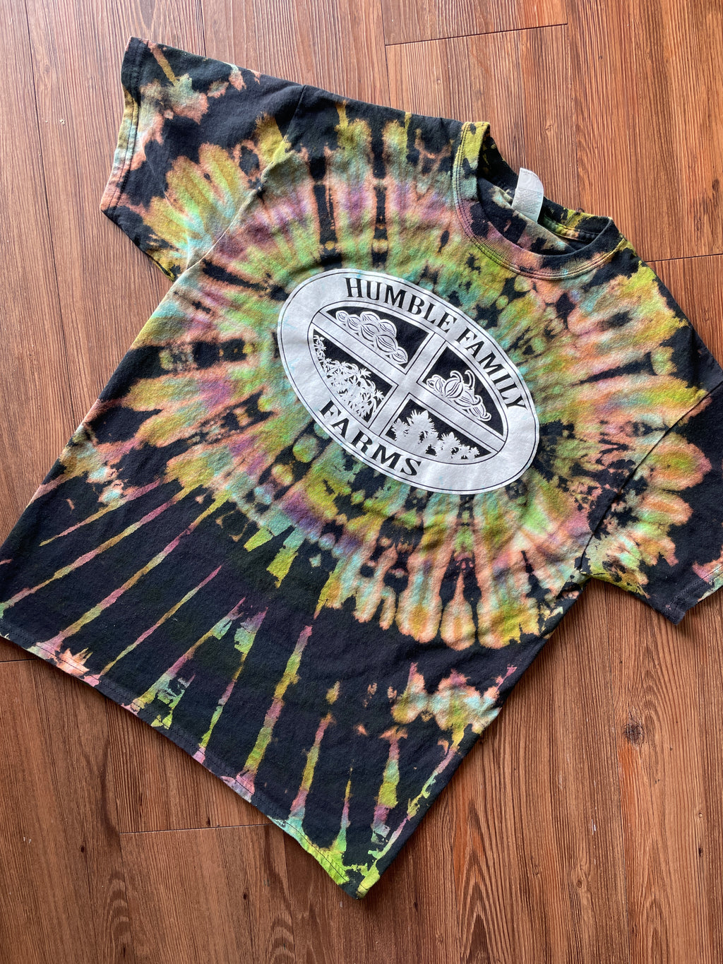 Large Men’s Humble Family Farms Handmade Reverse Tie Dye T-Shirt | Black, Green, and Purple Tie Dye Short Sleeve