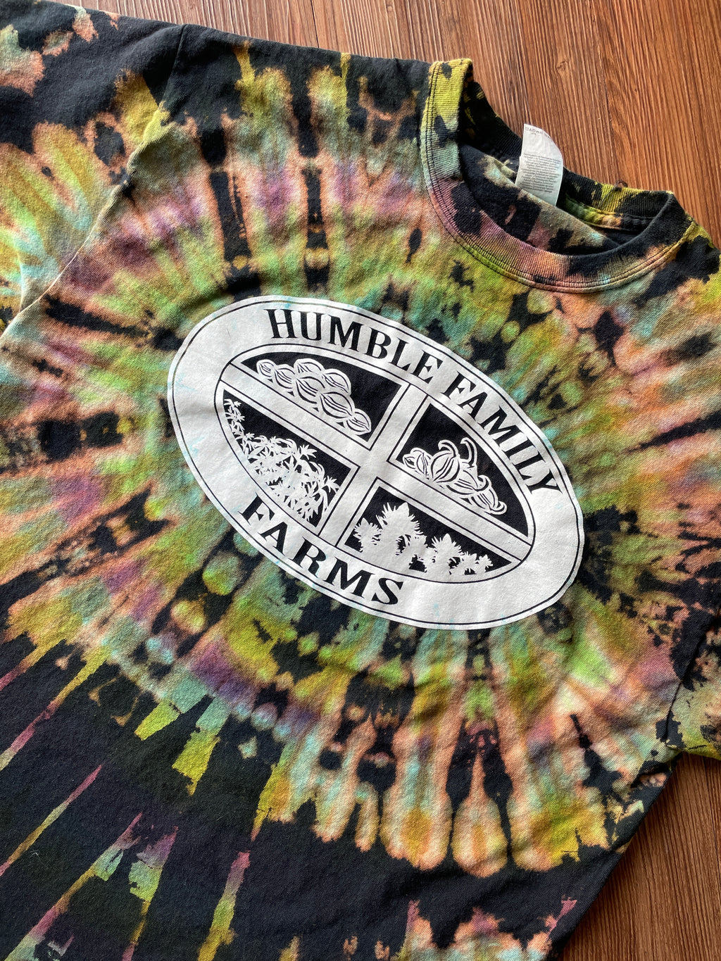 Large Men’s Humble Family Farms Handmade Reverse Tie Dye T-Shirt | Black, Green, and Purple Tie Dye Short Sleeve