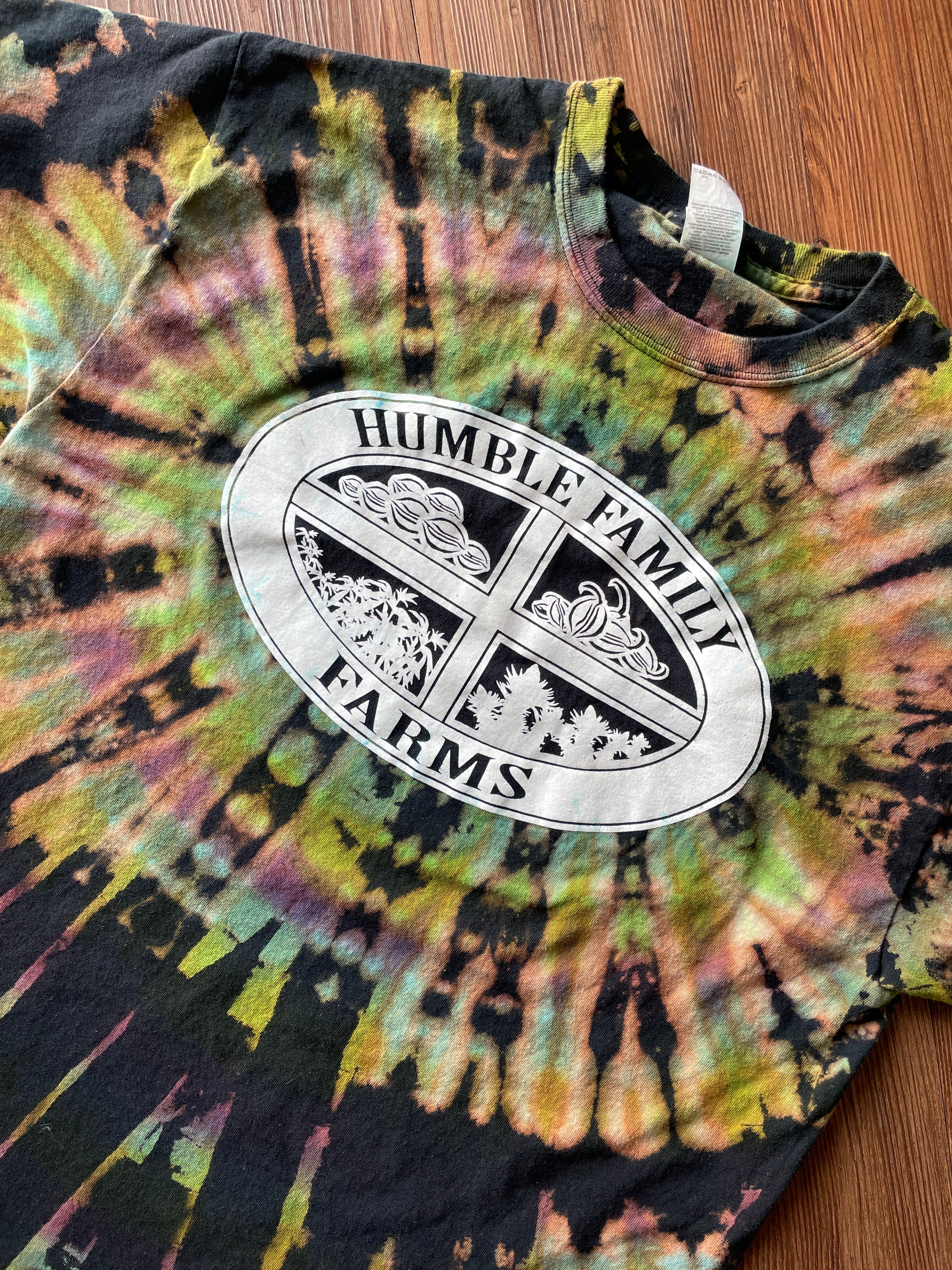 Large Men’s Humble Family Farms Handmade Reverse Tie Dye T-Shirt | Black, Green, and Purple Tie Dye Short Sleeve