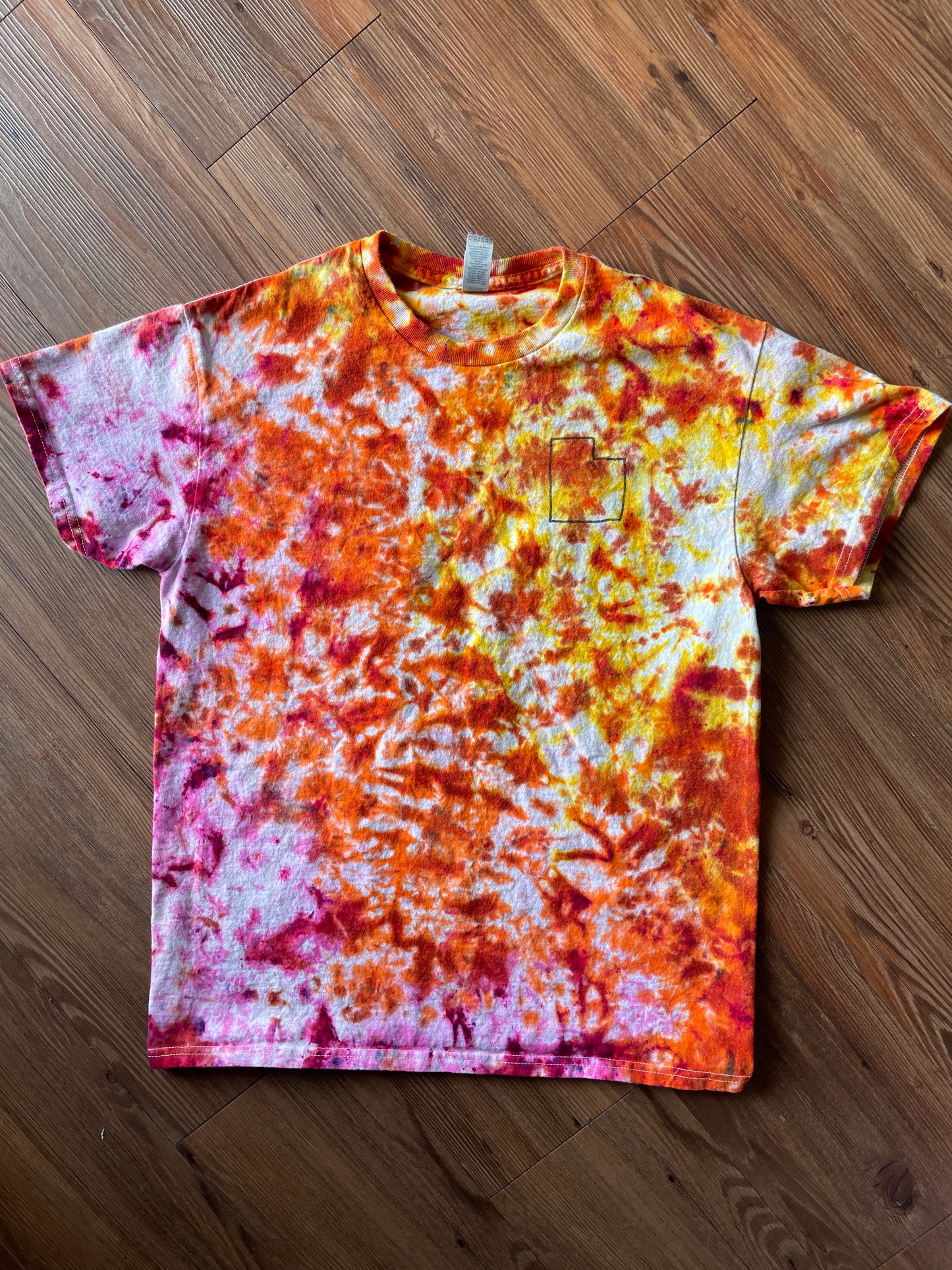 Medium Men’s The Lab Project Handmade Tie Dye T-Shirt | Pink, Orange, and Yellow Crumpled Tie Dye Short Sleeve