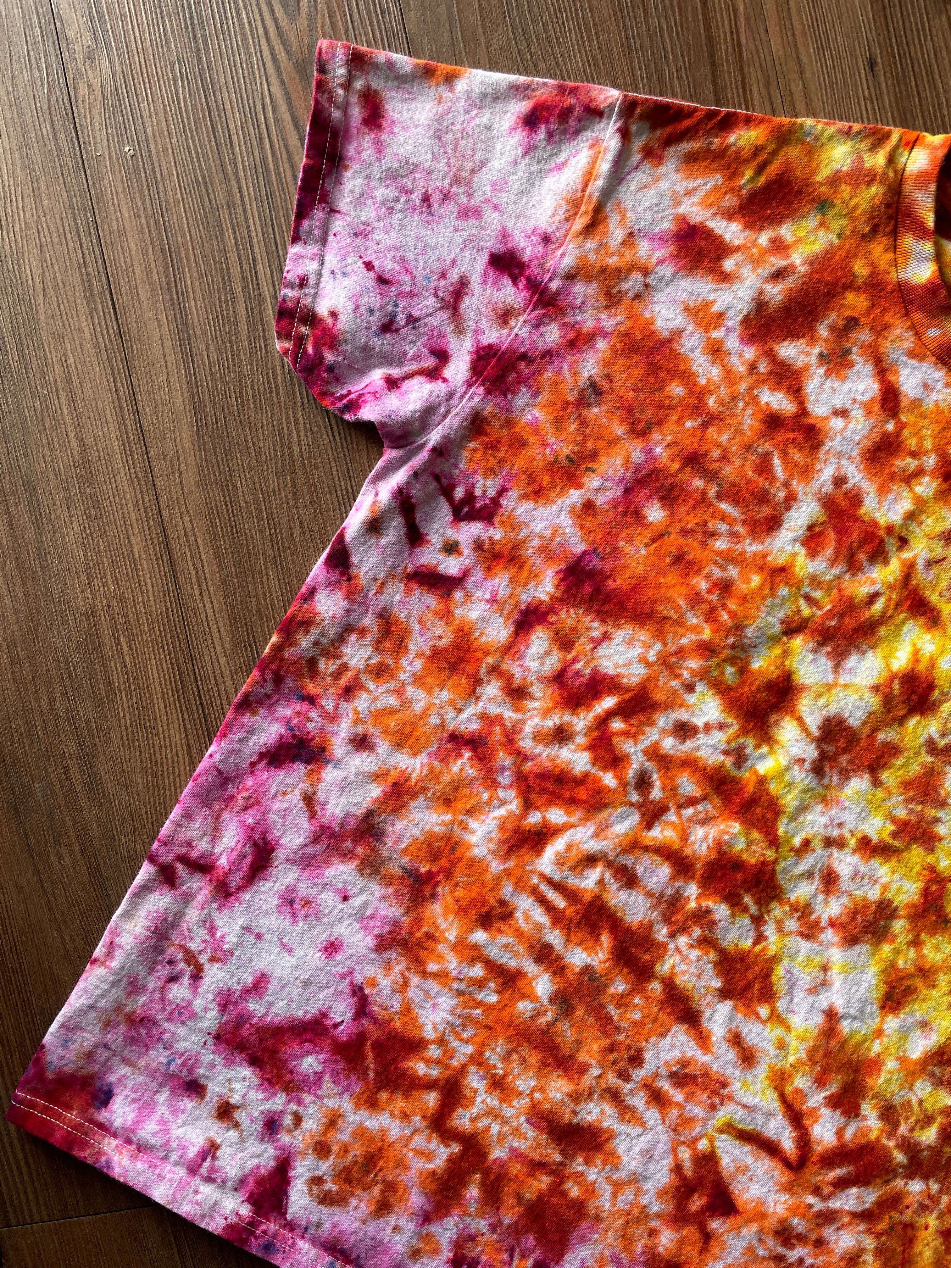 Medium Men’s The Lab Project Handmade Tie Dye T-Shirt | Pink, Orange, and Yellow Crumpled Tie Dye Short Sleeve