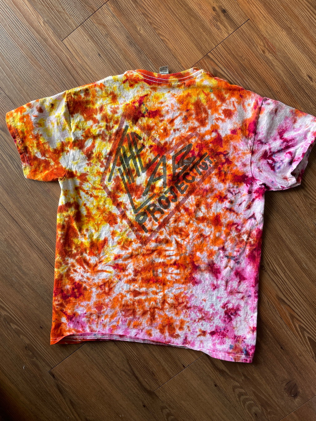 Medium Men’s The Lab Project Handmade Tie Dye T-Shirt | Pink, Orange, and Yellow Crumpled Tie Dye Short Sleeve