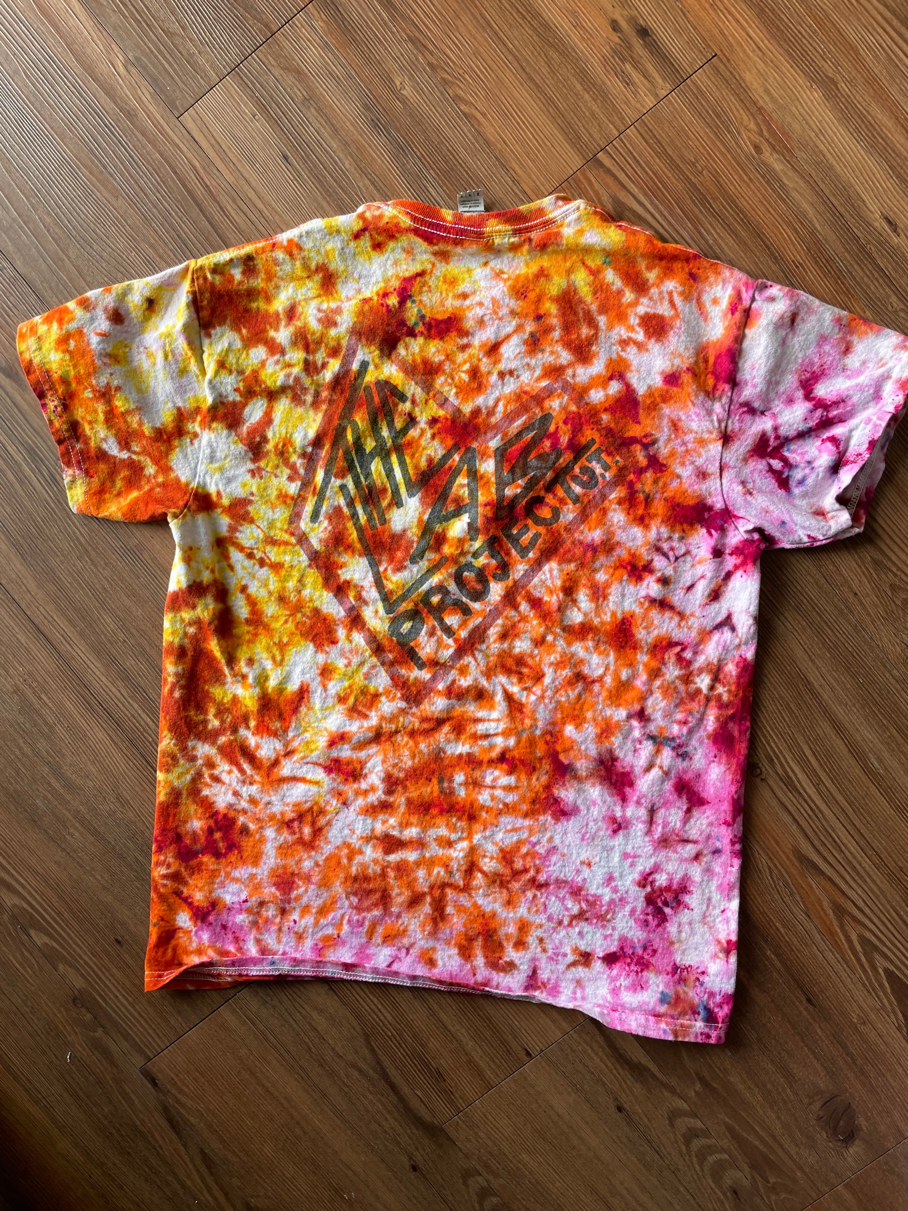 Medium Men’s The Lab Project Handmade Tie Dye T-Shirt | Pink, Orange, and Yellow Crumpled Tie Dye Short Sleeve