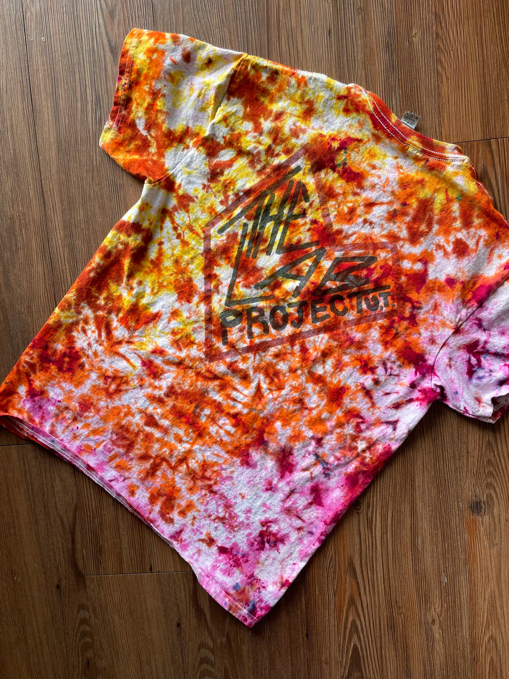 Medium Men’s The Lab Project Handmade Tie Dye T-Shirt | Pink, Orange, and Yellow Crumpled Tie Dye Short Sleeve