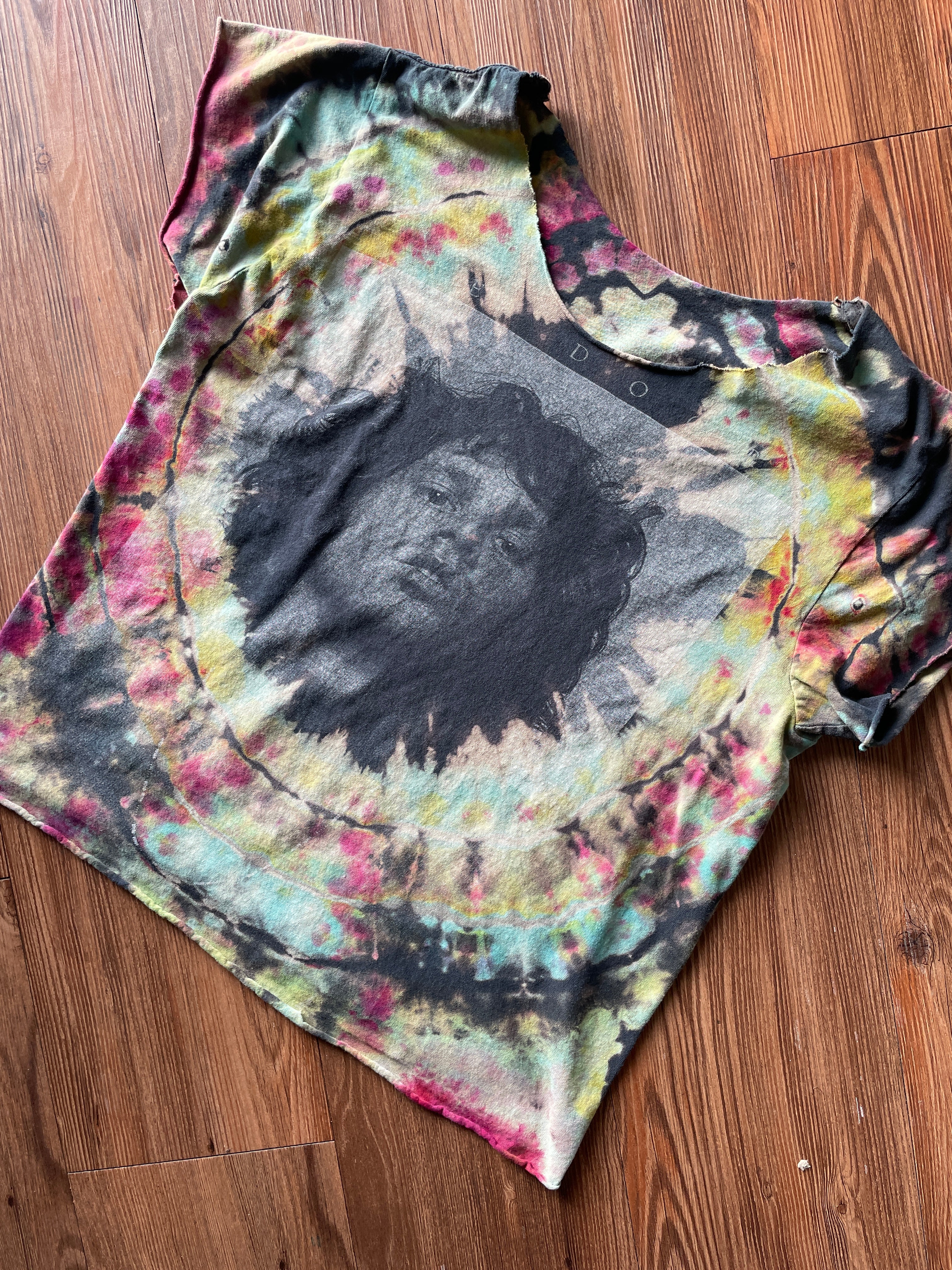 Medium Women’s The Doors Jim Morrison Handmade Reverse Tie Dye Crop Top | Pink, Blue, and Yellow Geode Tie Dye Short Sleeve