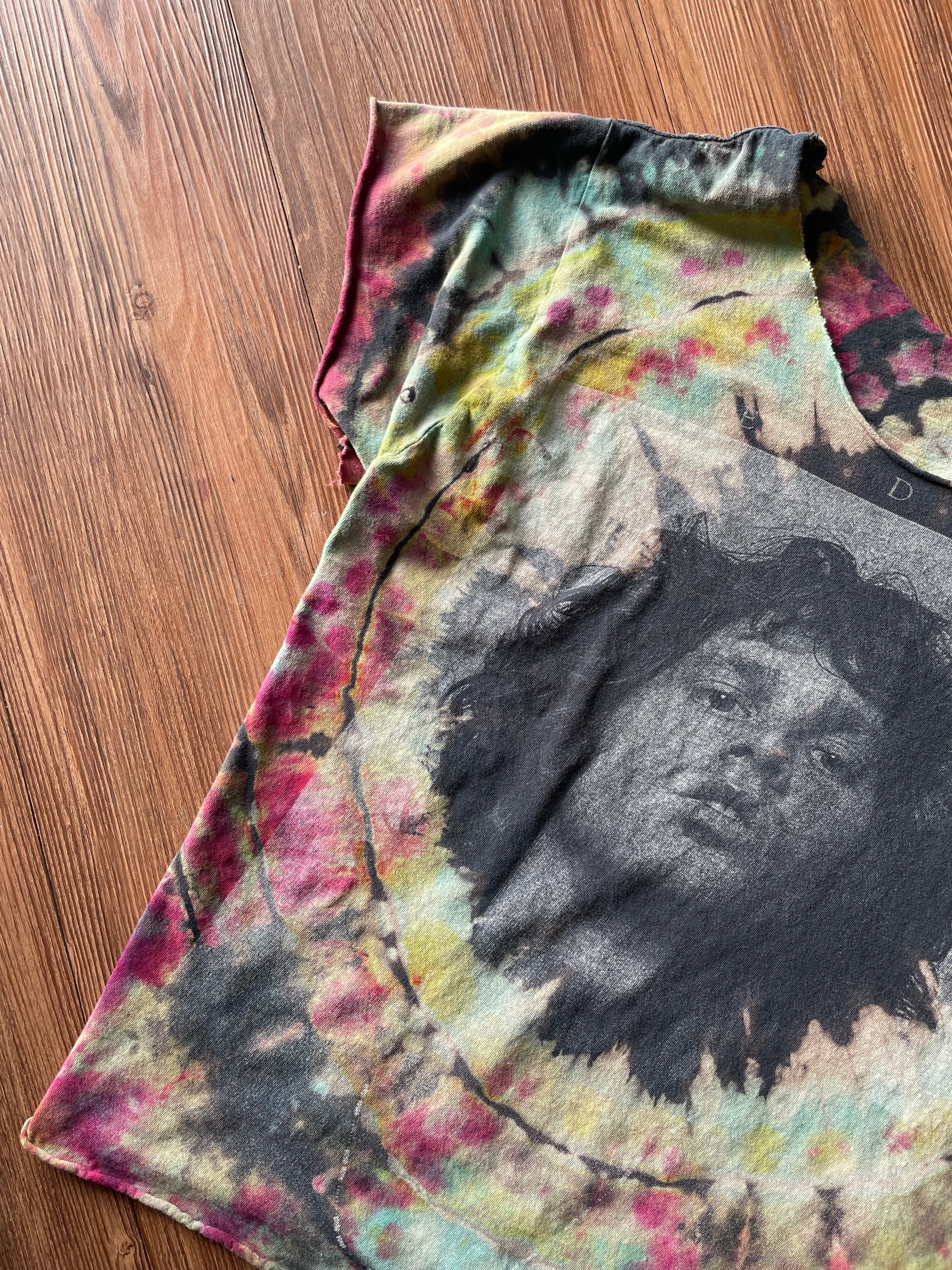Medium Women’s The Doors Jim Morrison Handmade Reverse Tie Dye Crop Top | Pink, Blue, and Yellow Geode Tie Dye Short Sleeve