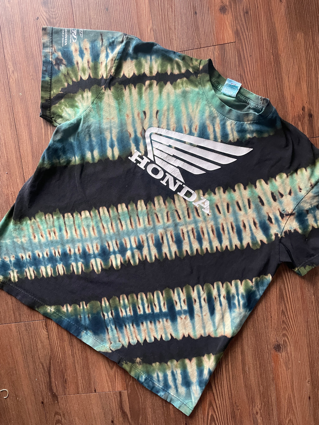 2XL Men’s Honda Racing Handmade Tie Dye T-Shirt | Black and Blue Bleach Dye Pleated Short Sleeve
