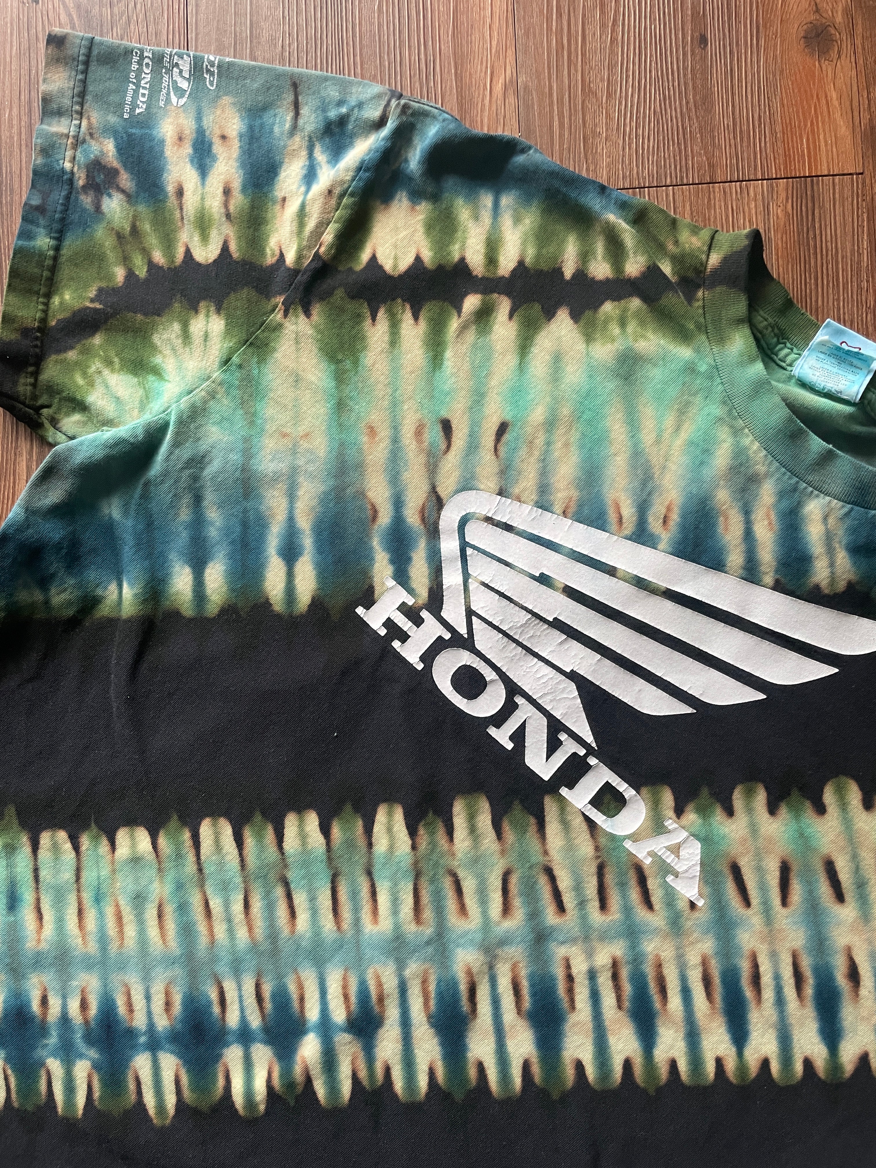 2XL Men’s Honda Racing Handmade Tie Dye T-Shirt | Black and Blue Bleach Dye Pleated Short Sleeve