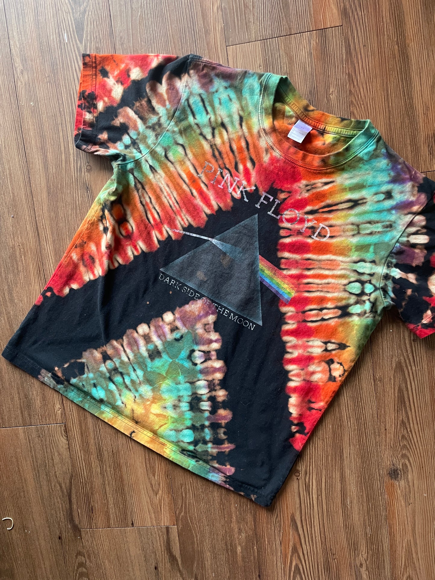 MEDIUM Unisex Pink Floyd Dark Side of the Moon Handmade Tie Dye T-Shirt | One-Of-a-Kind Black and Rainbow Short Sleeve