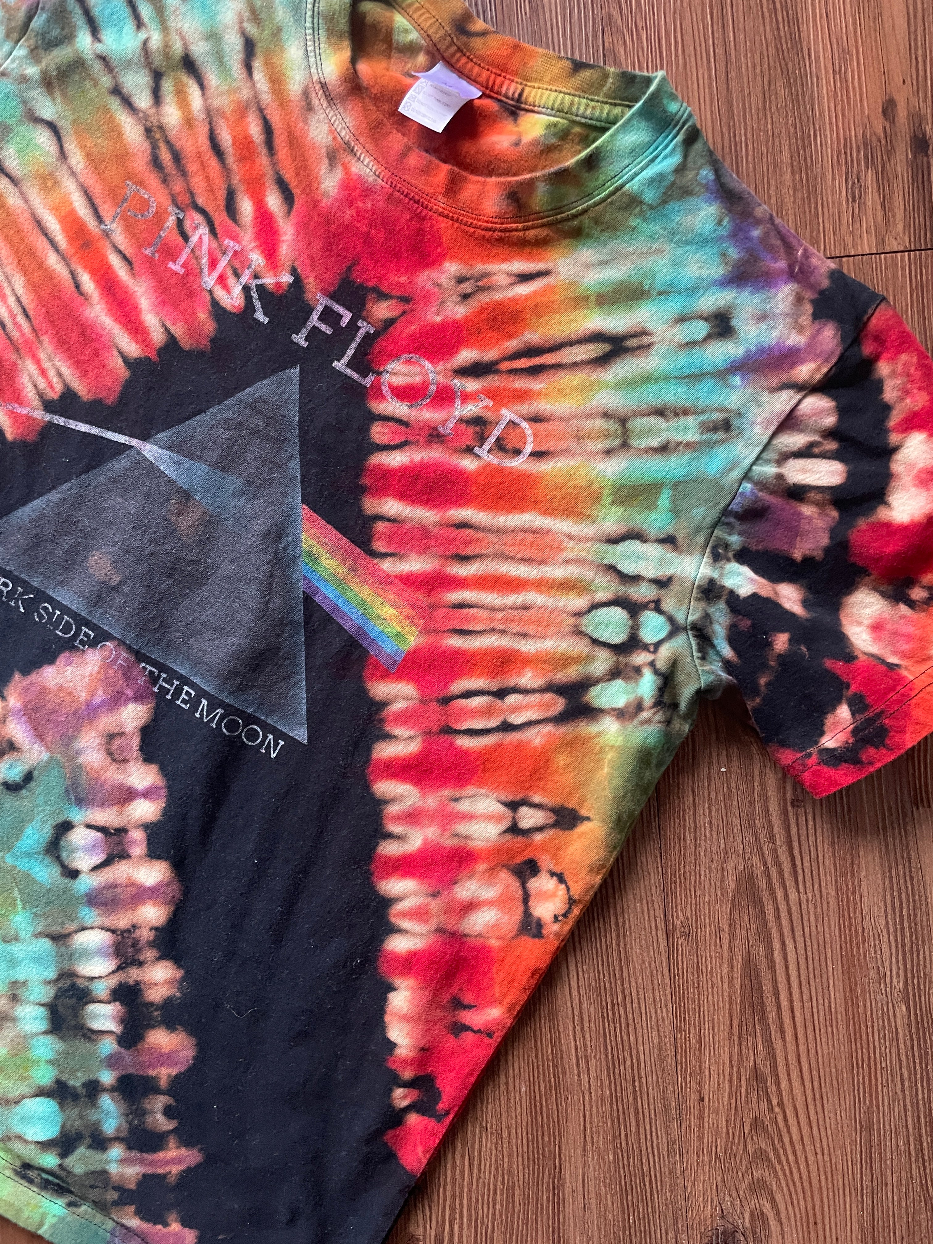 MEDIUM Unisex Pink Floyd Dark Side of the Moon Handmade Tie Dye T-Shirt | One-Of-a-Kind Black and Rainbow Short Sleeve