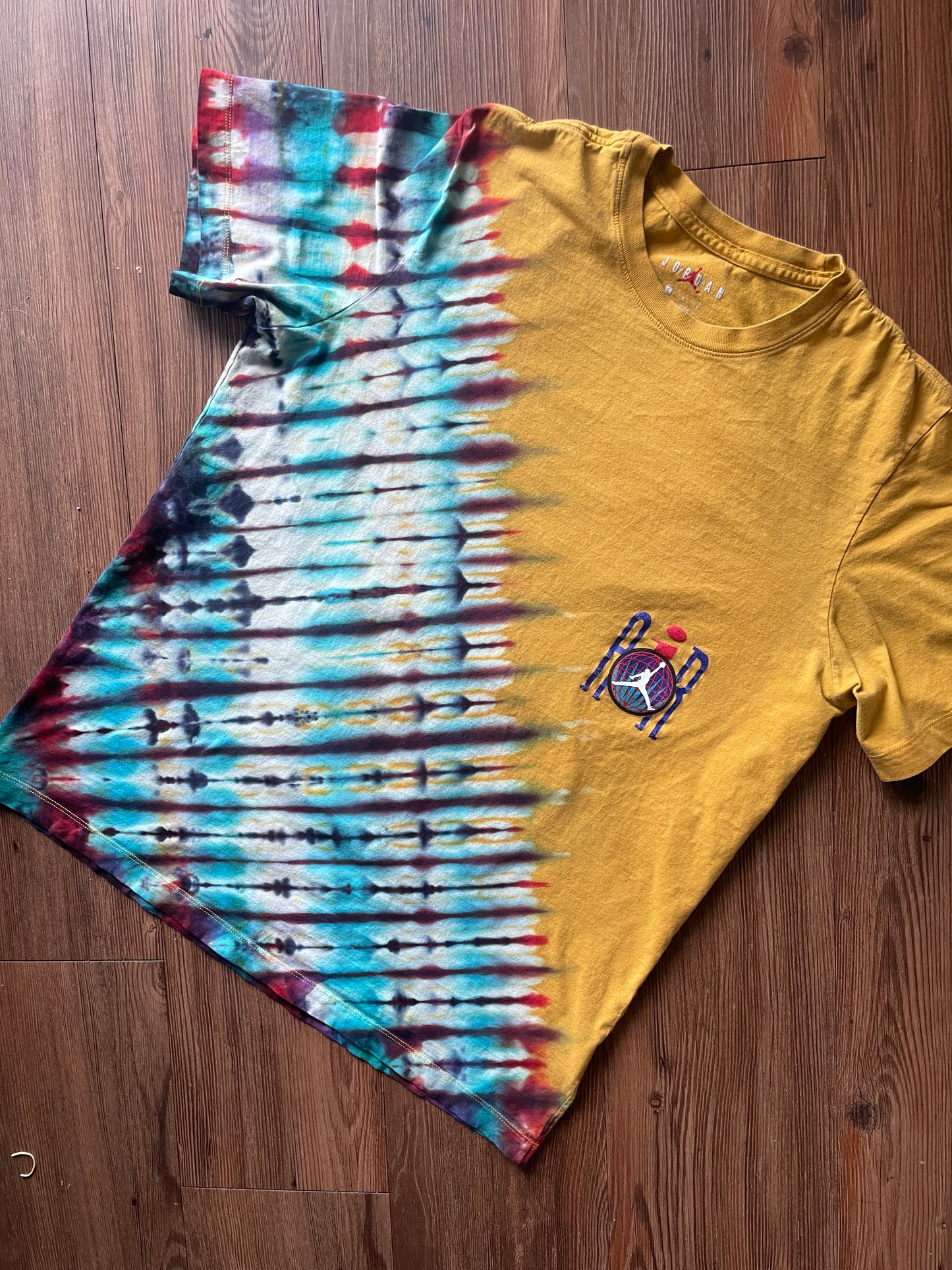 LARGE Men’s Vintage 90s Air Jordan Handmade Tie Dye T-Shirt | One-Of-a-Kind Yellow, Red, and Blue Pleated Bleach Dye Short Sleeve