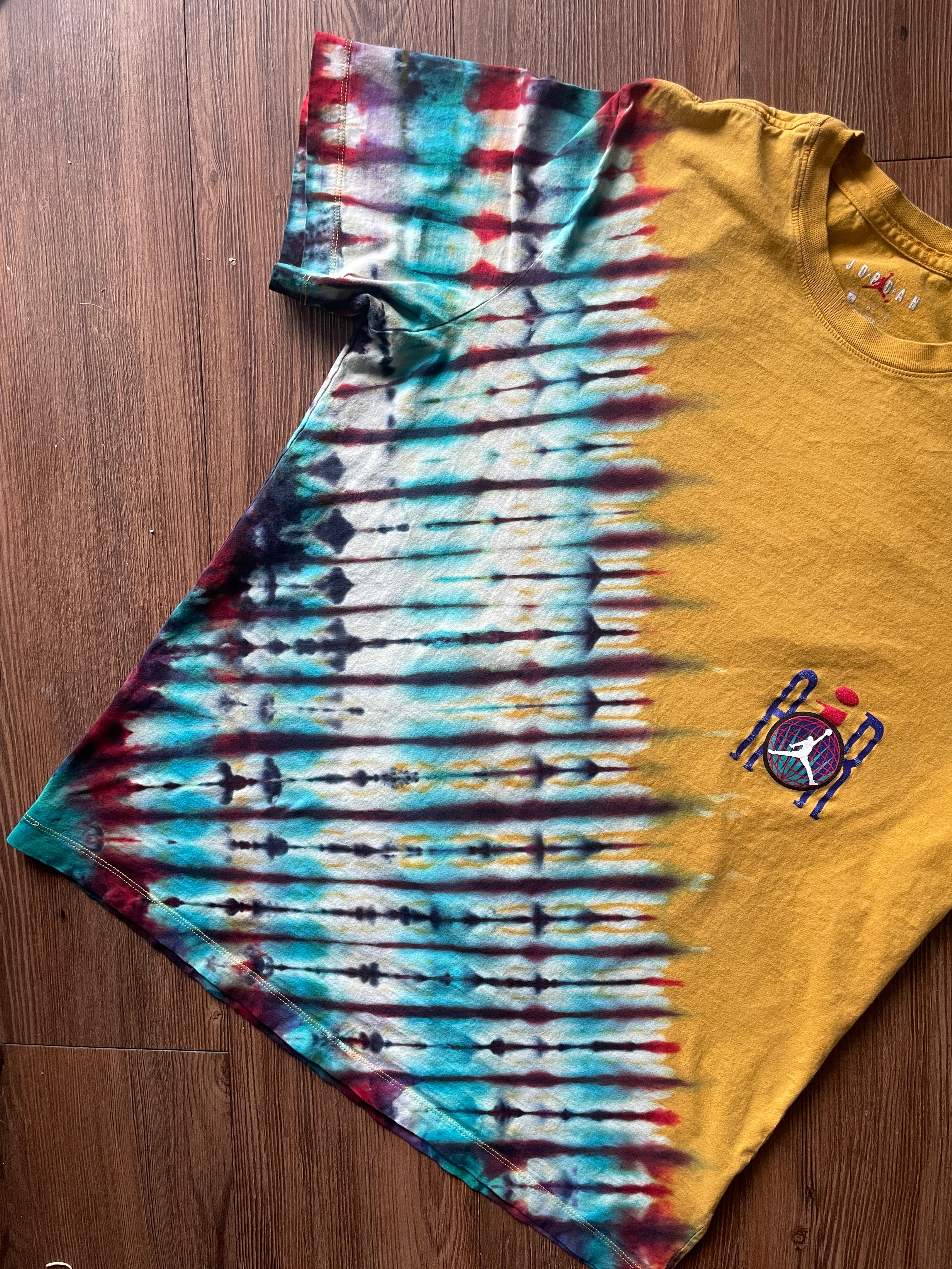 LARGE Men’s Vintage 90s Air Jordan Handmade Tie Dye T-Shirt | One-Of-a-Kind Yellow, Red, and Blue Pleated Bleach Dye Short Sleeve