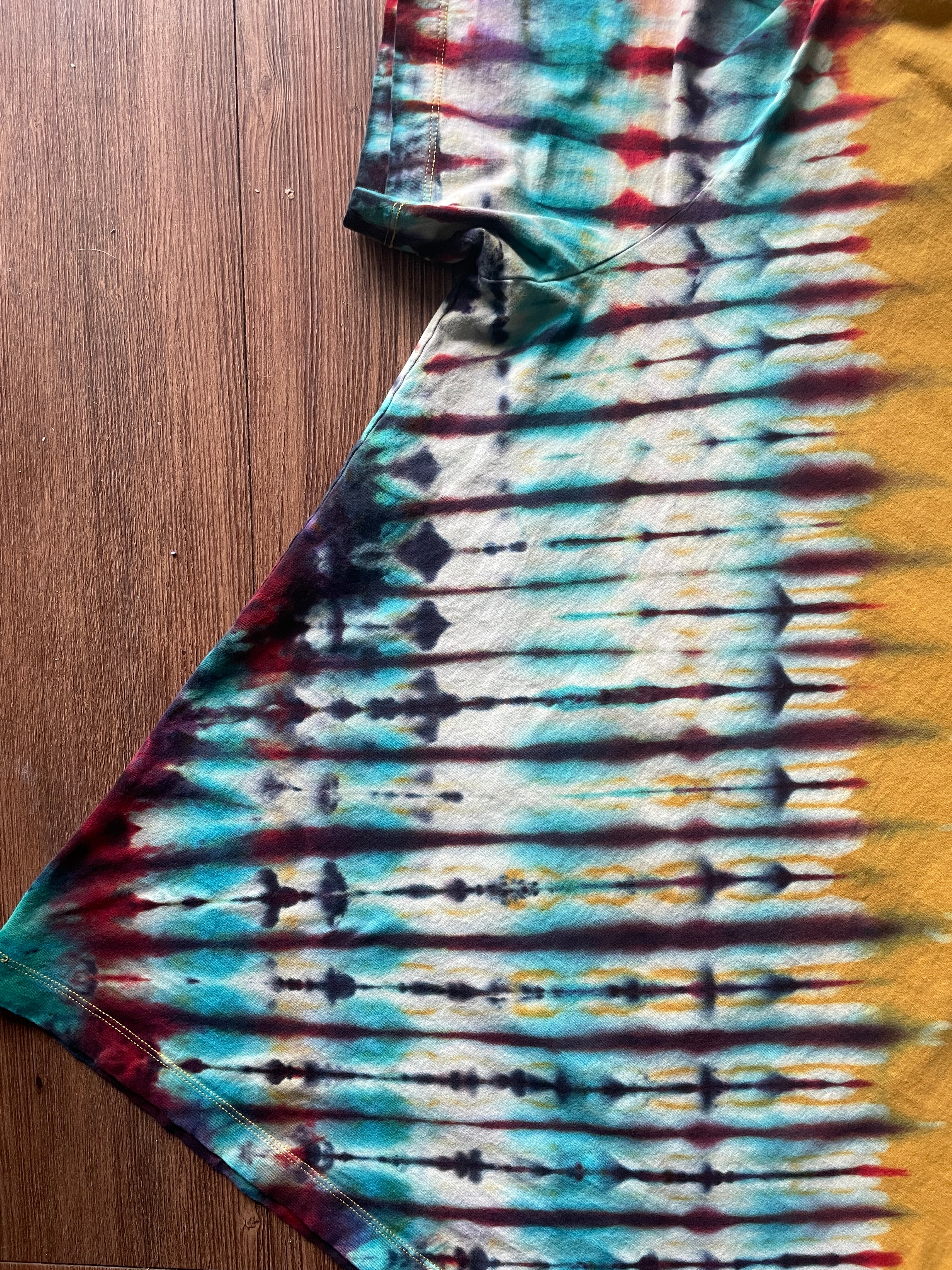 LARGE Men’s Vintage 90s Air Jordan Handmade Tie Dye T-Shirt | One-Of-a-Kind Yellow, Red, and Blue Pleated Bleach Dye Short Sleeve